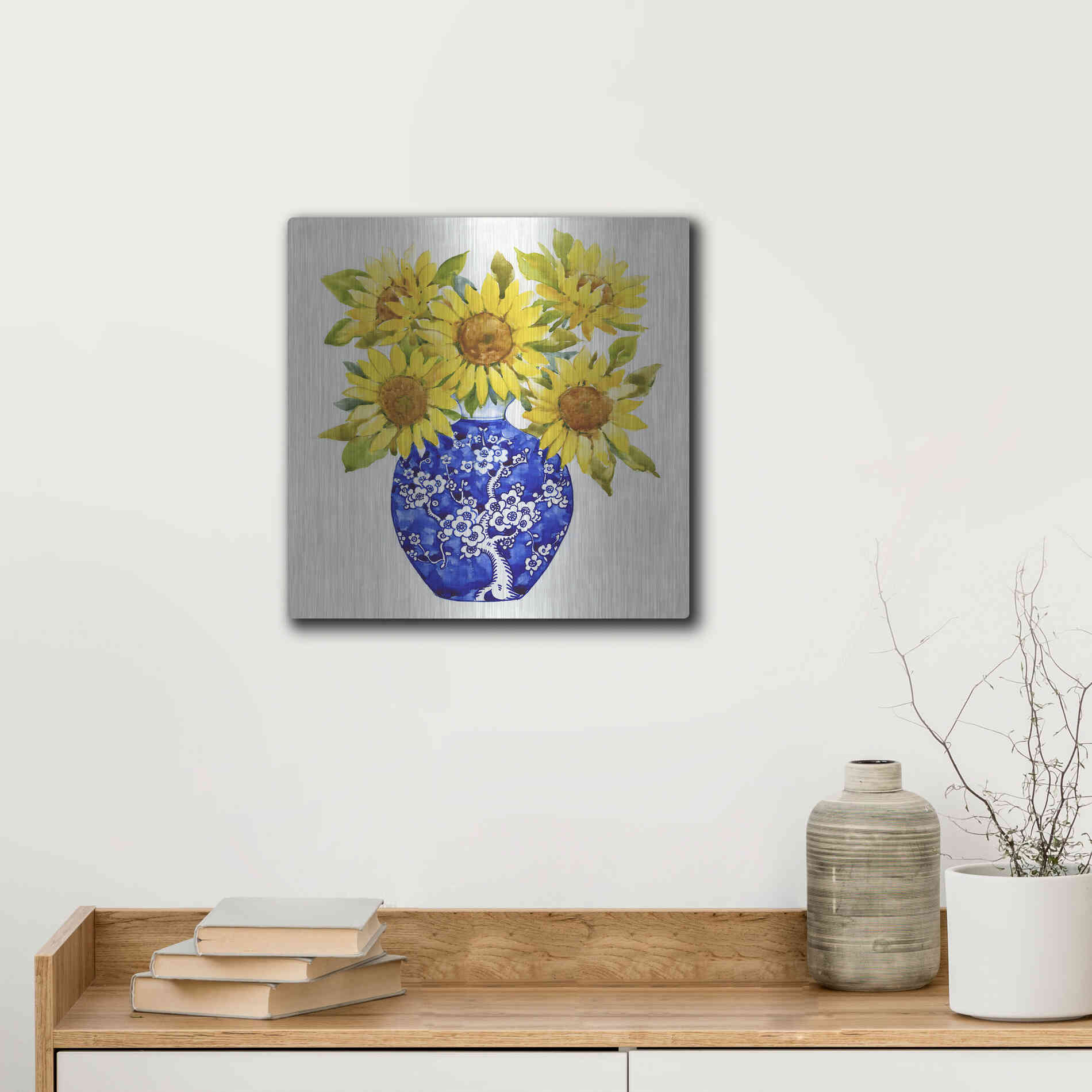 Luxe Metal Art 'Sun Flower Still Life I' by Tim O'Toole, Metal Wall Art,12x12