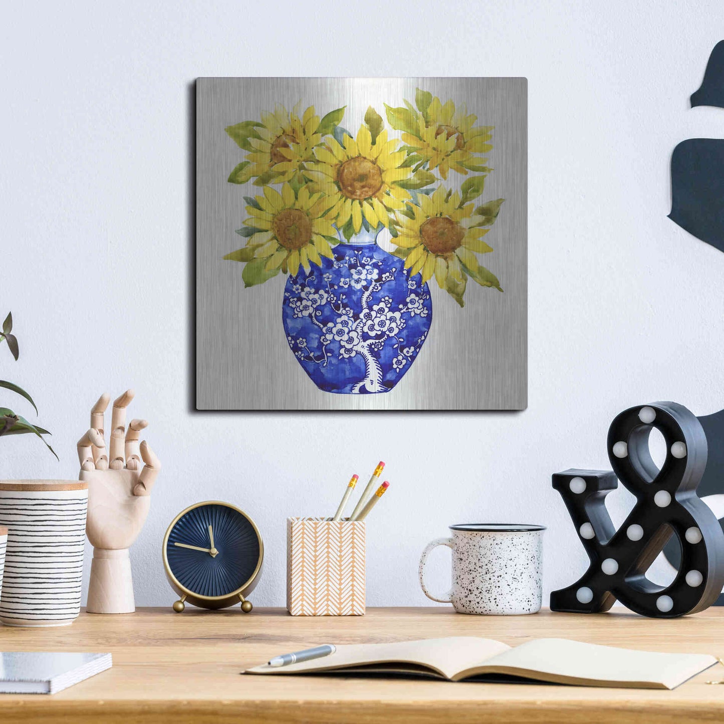 Luxe Metal Art 'Sun Flower Still Life I' by Tim O'Toole, Metal Wall Art,12x12