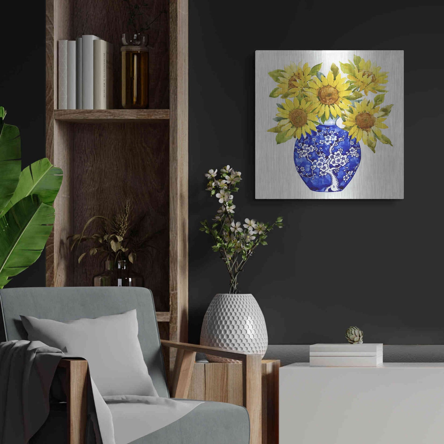 Luxe Metal Art 'Sun Flower Still Life I' by Tim O'Toole, Metal Wall Art,24x24