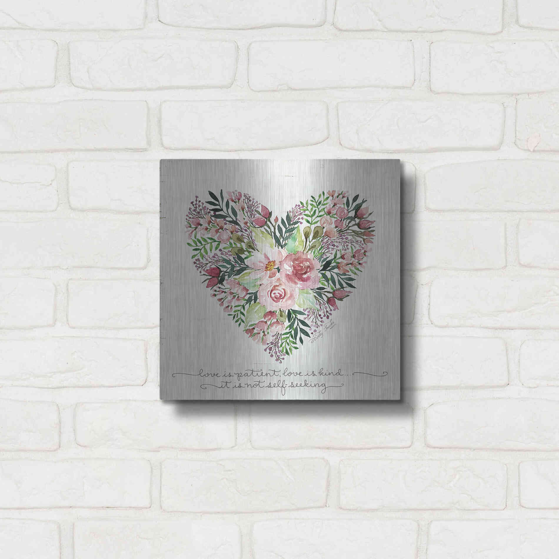 Luxe Metal Art 'Love is Patient Flower Heart' by Cindy Jacobs, Metal Wall Art,12x12