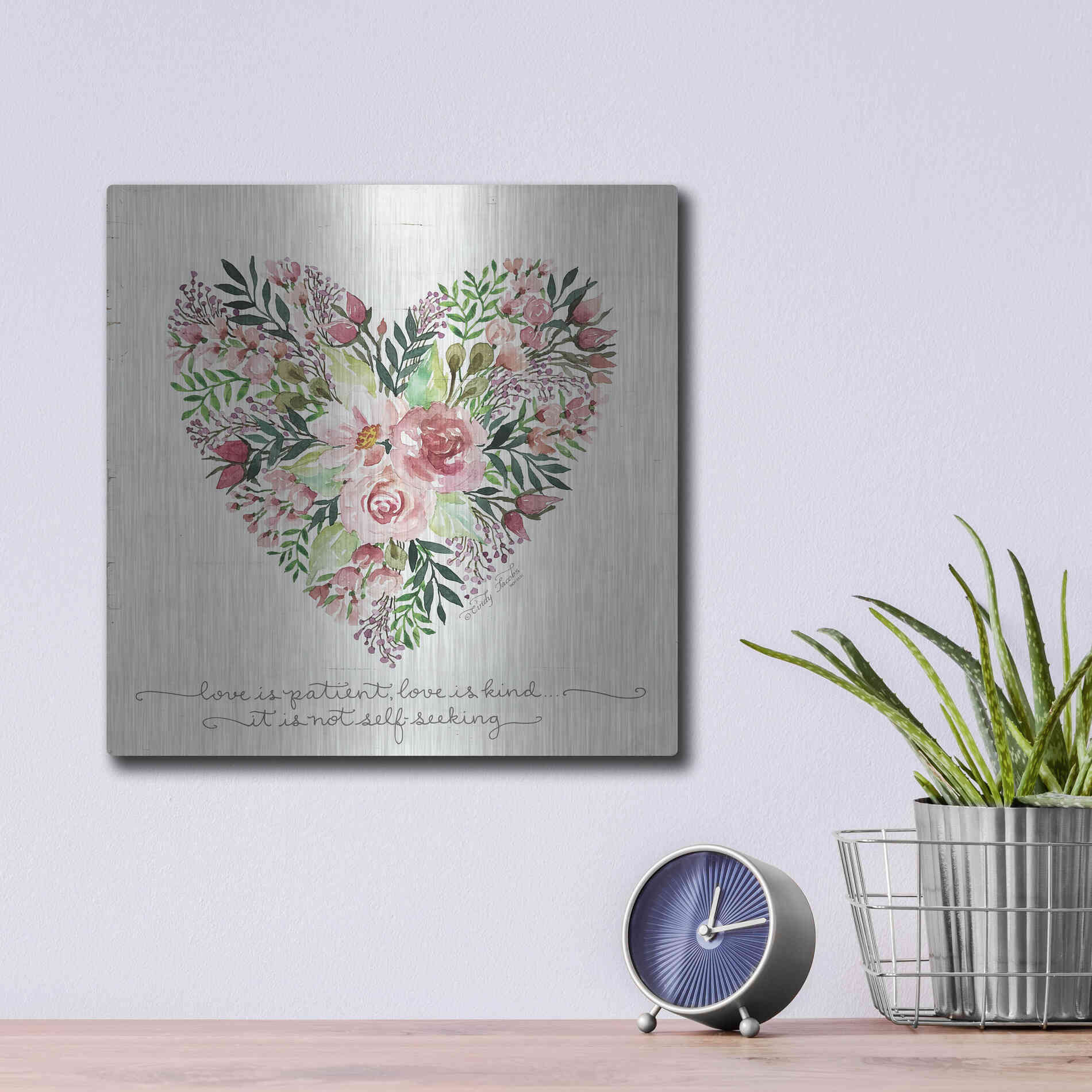 Luxe Metal Art 'Love is Patient Flower Heart' by Cindy Jacobs, Metal Wall Art,12x12