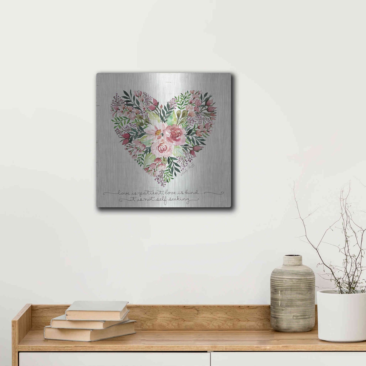 Luxe Metal Art 'Love is Patient Flower Heart' by Cindy Jacobs, Metal Wall Art,12x12