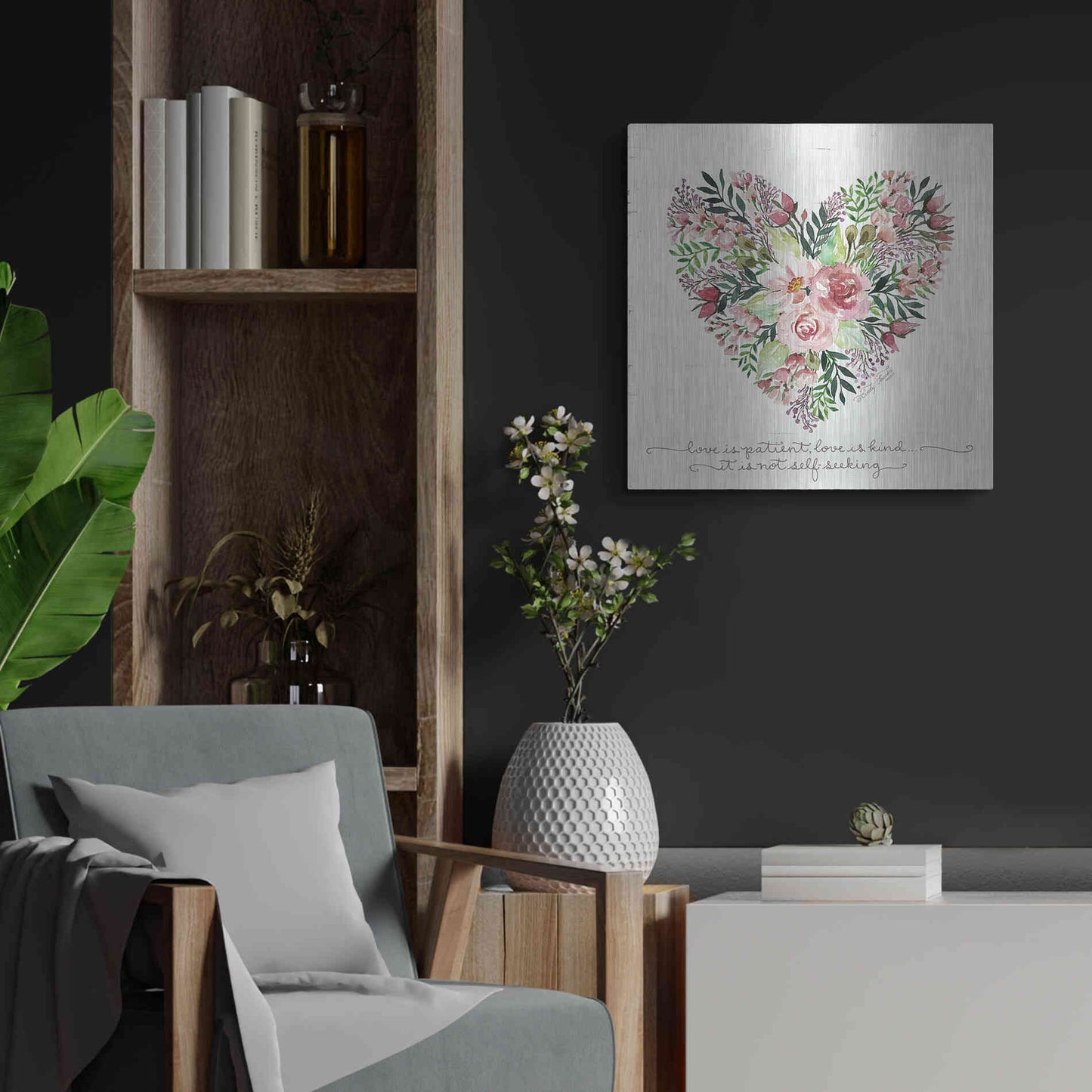 Luxe Metal Art 'Love is Patient Flower Heart' by Cindy Jacobs, Metal Wall Art,24x24