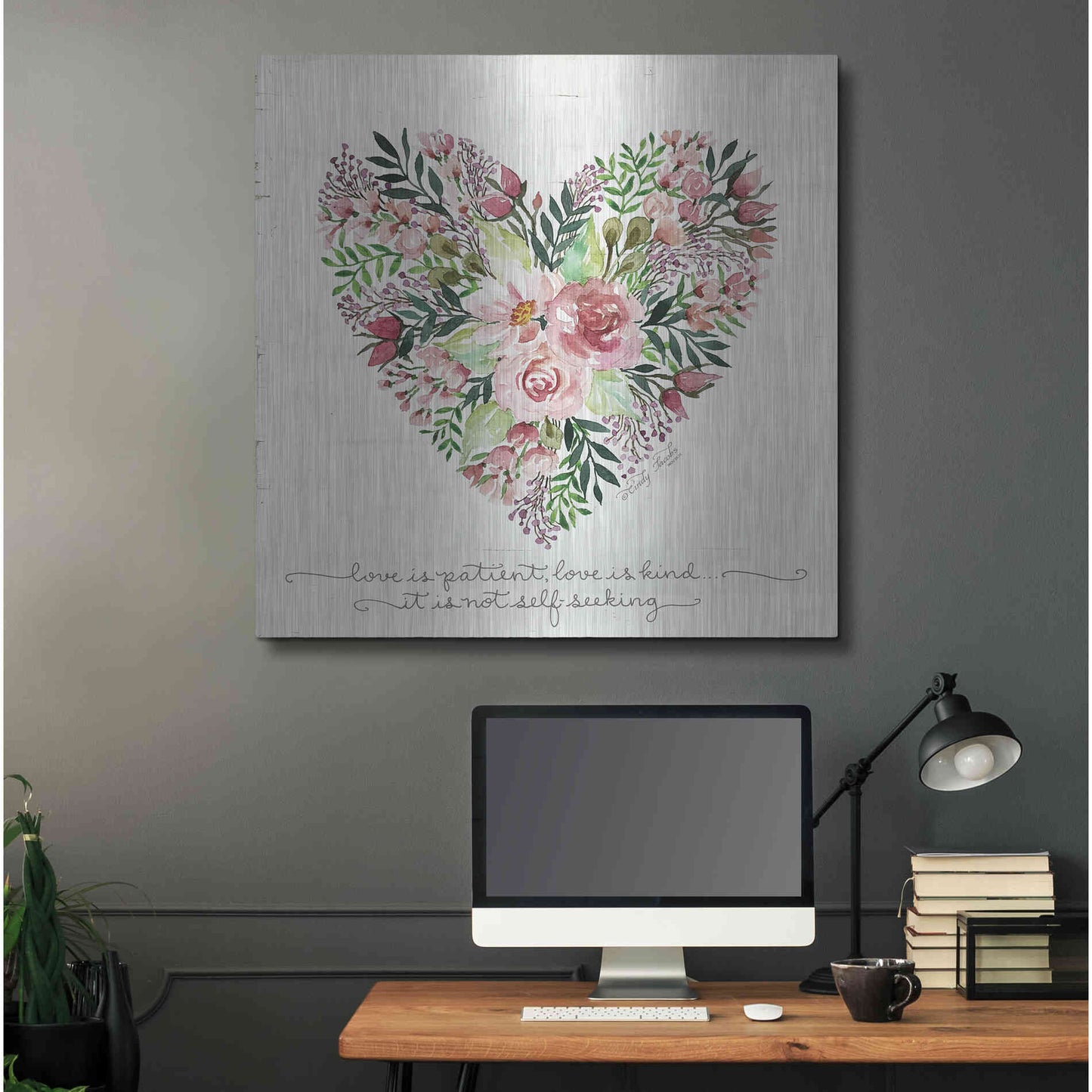 Luxe Metal Art 'Love is Patient Flower Heart' by Cindy Jacobs, Metal Wall Art,36x36