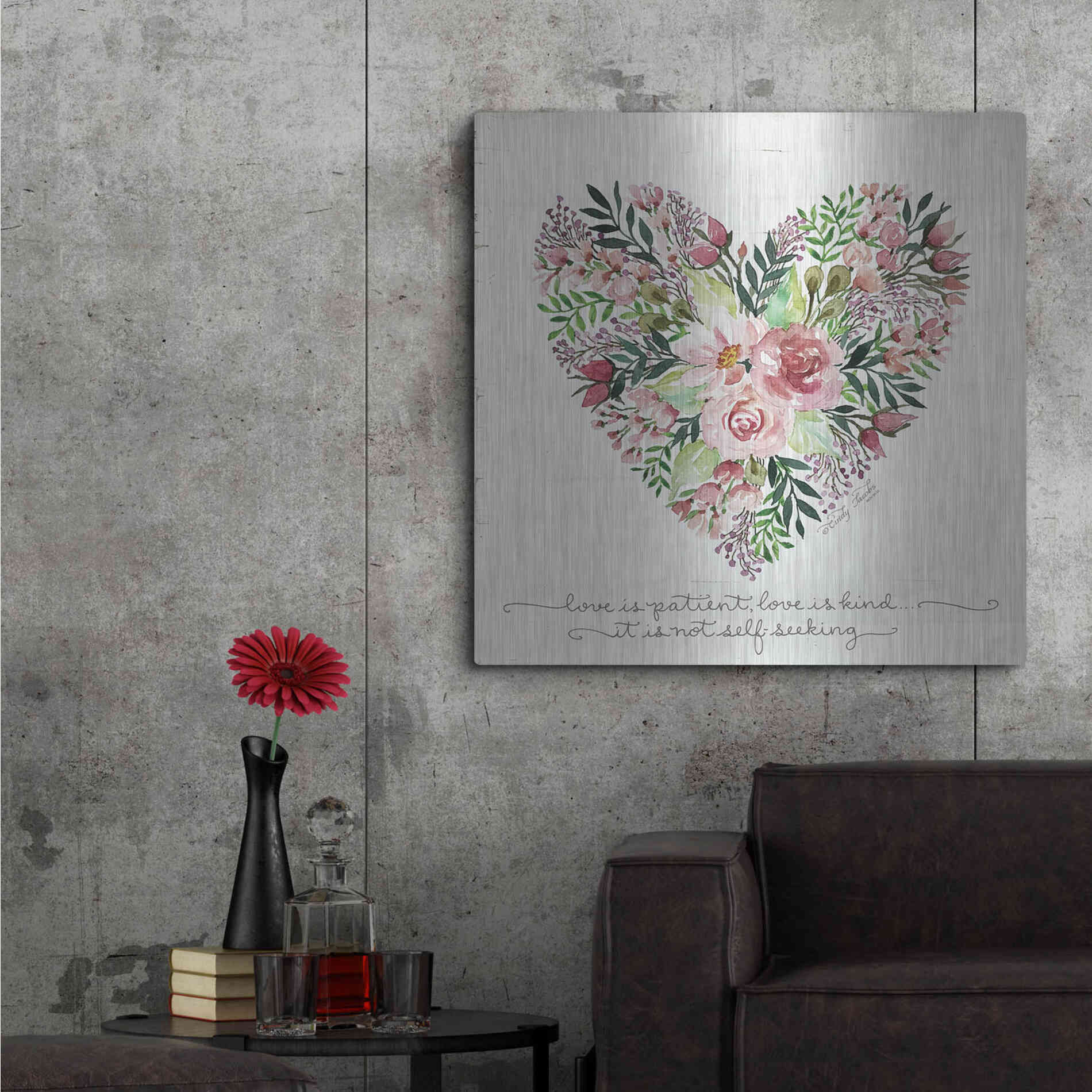 Luxe Metal Art 'Love is Patient Flower Heart' by Cindy Jacobs, Metal Wall Art,36x36