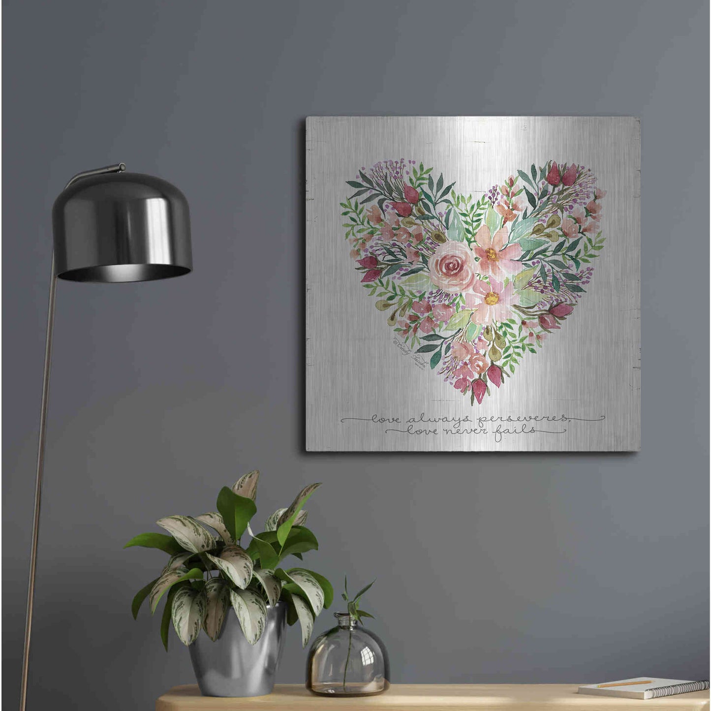 Luxe Metal Art 'Love Never Fails Flower Heart' by Cindy Jacobs, Metal Wall Art,24x24