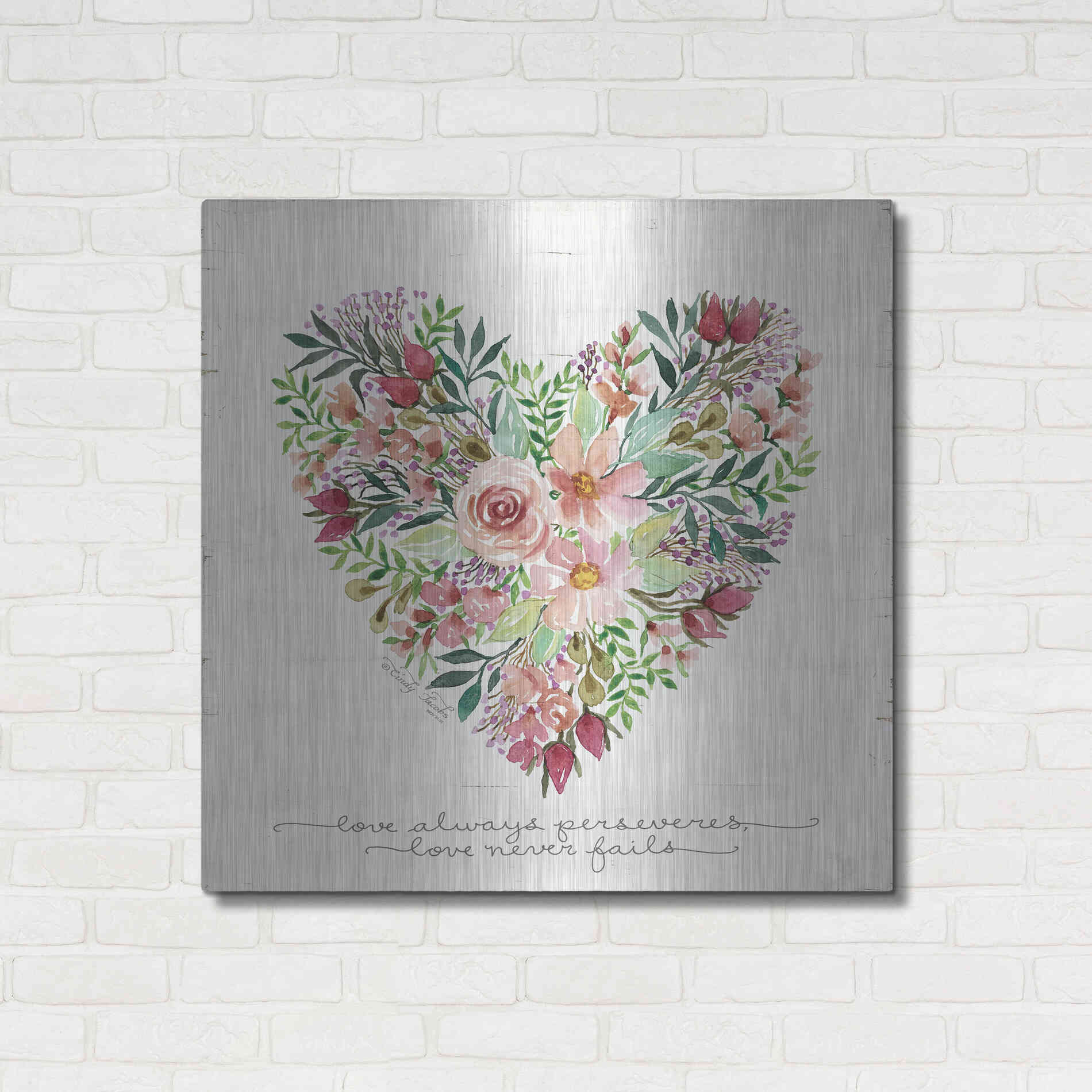 Luxe Metal Art 'Love Never Fails Flower Heart' by Cindy Jacobs, Metal Wall Art,36x36