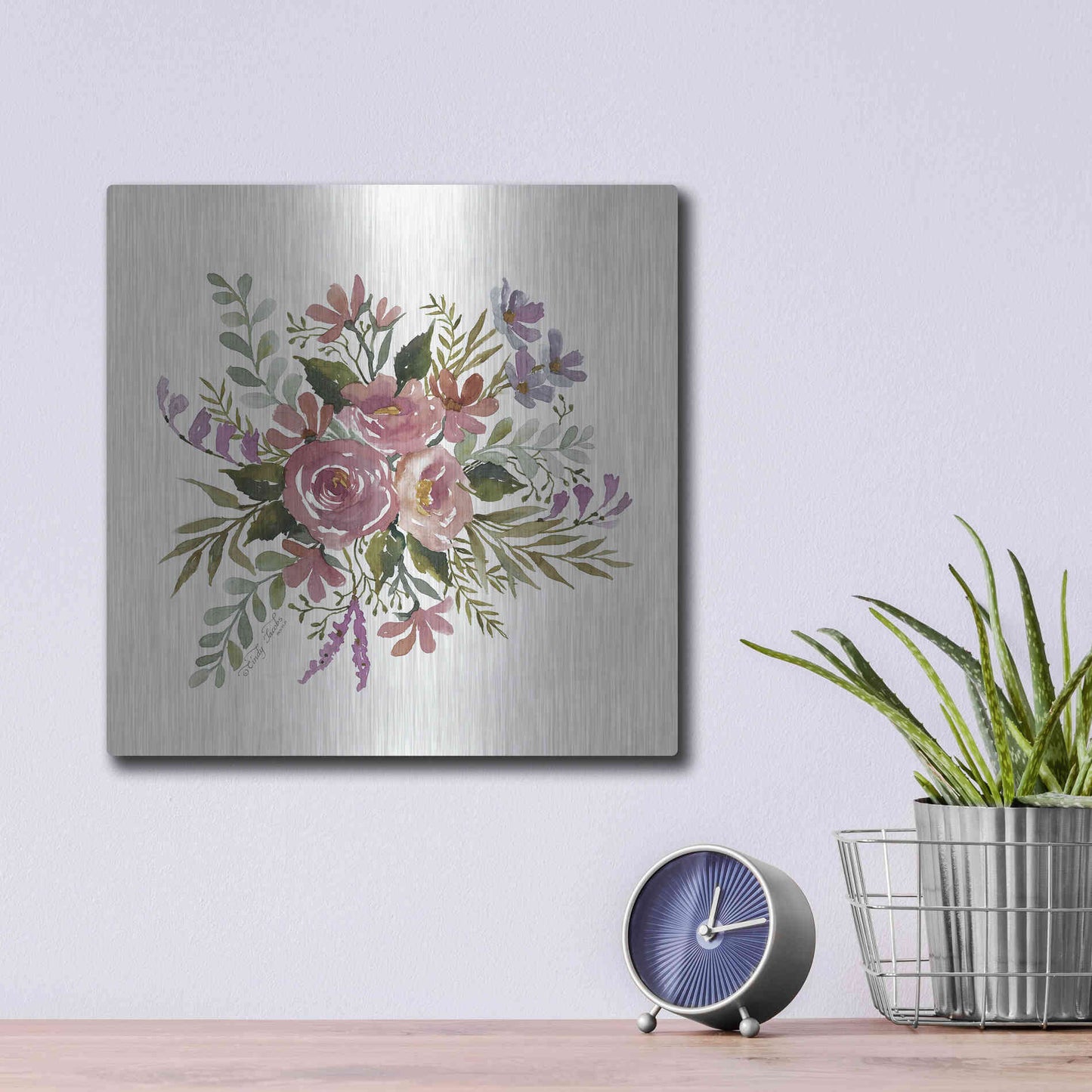 Luxe Metal Art 'Floral Spray I' by Cindy Jacobs, Metal Wall Art,12x12