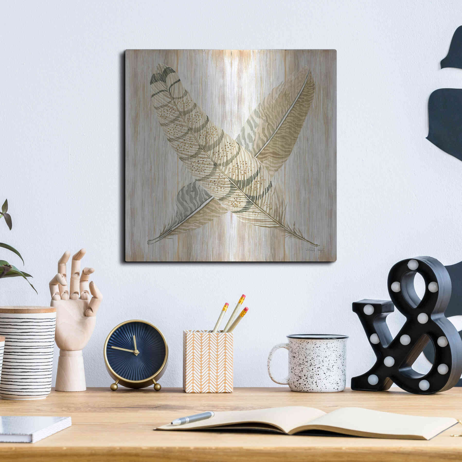 Luxe Metal Art 'Feathers Crossed I' by Cindy Jacobs, Metal Wall Art,12x12