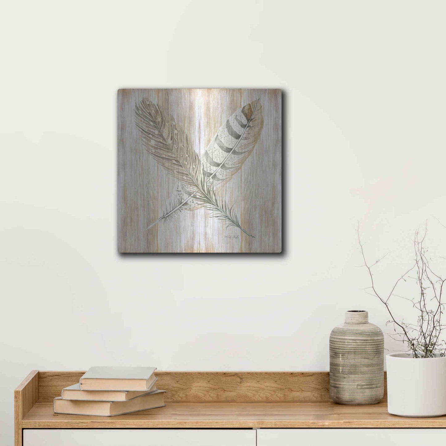 Luxe Metal Art 'Feathers Crossed II' by Cindy Jacobs, Metal Wall Art,12x12