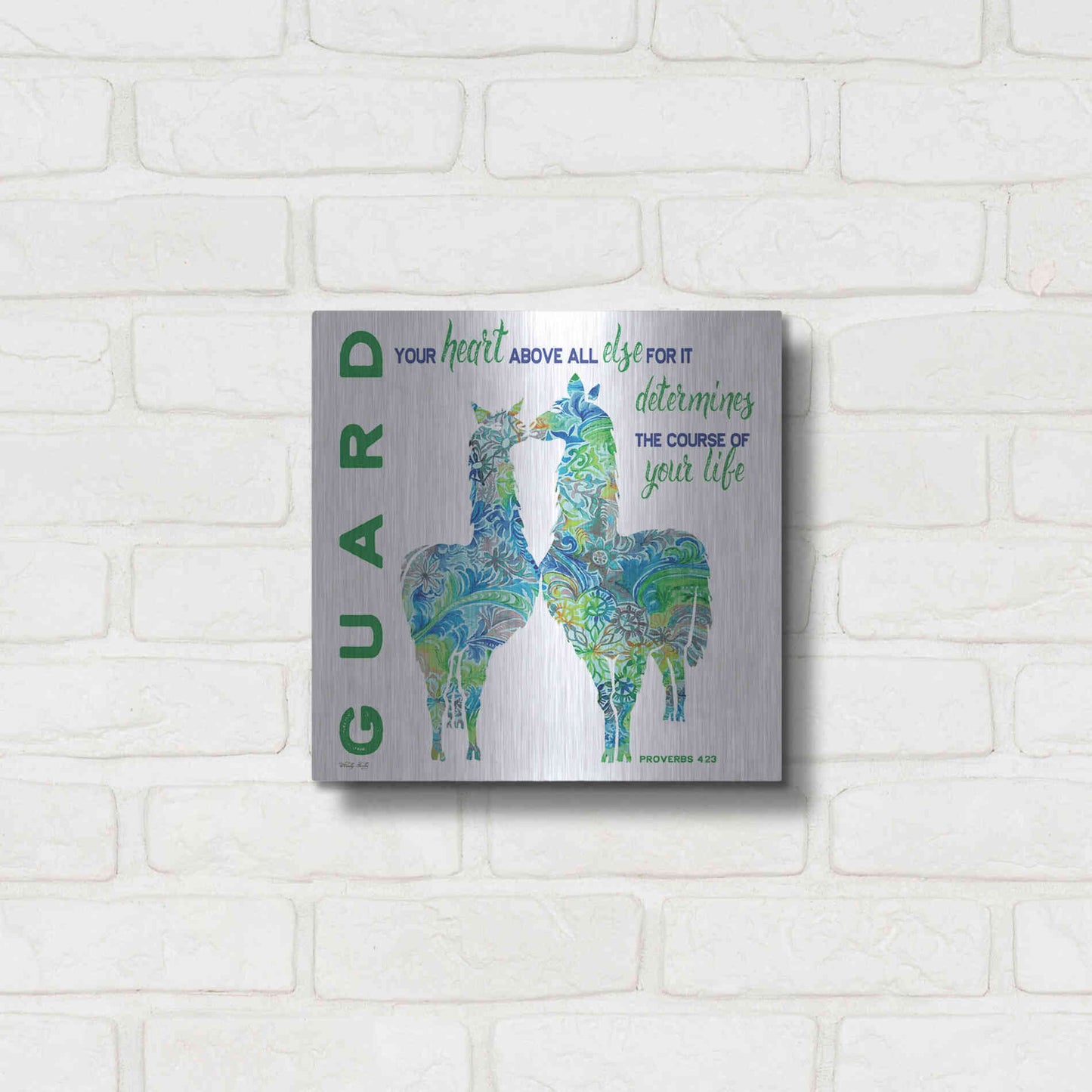 Luxe Metal Art 'Guard Your Heart Llamas' by Cindy Jacobs, Metal Wall Art,12x12