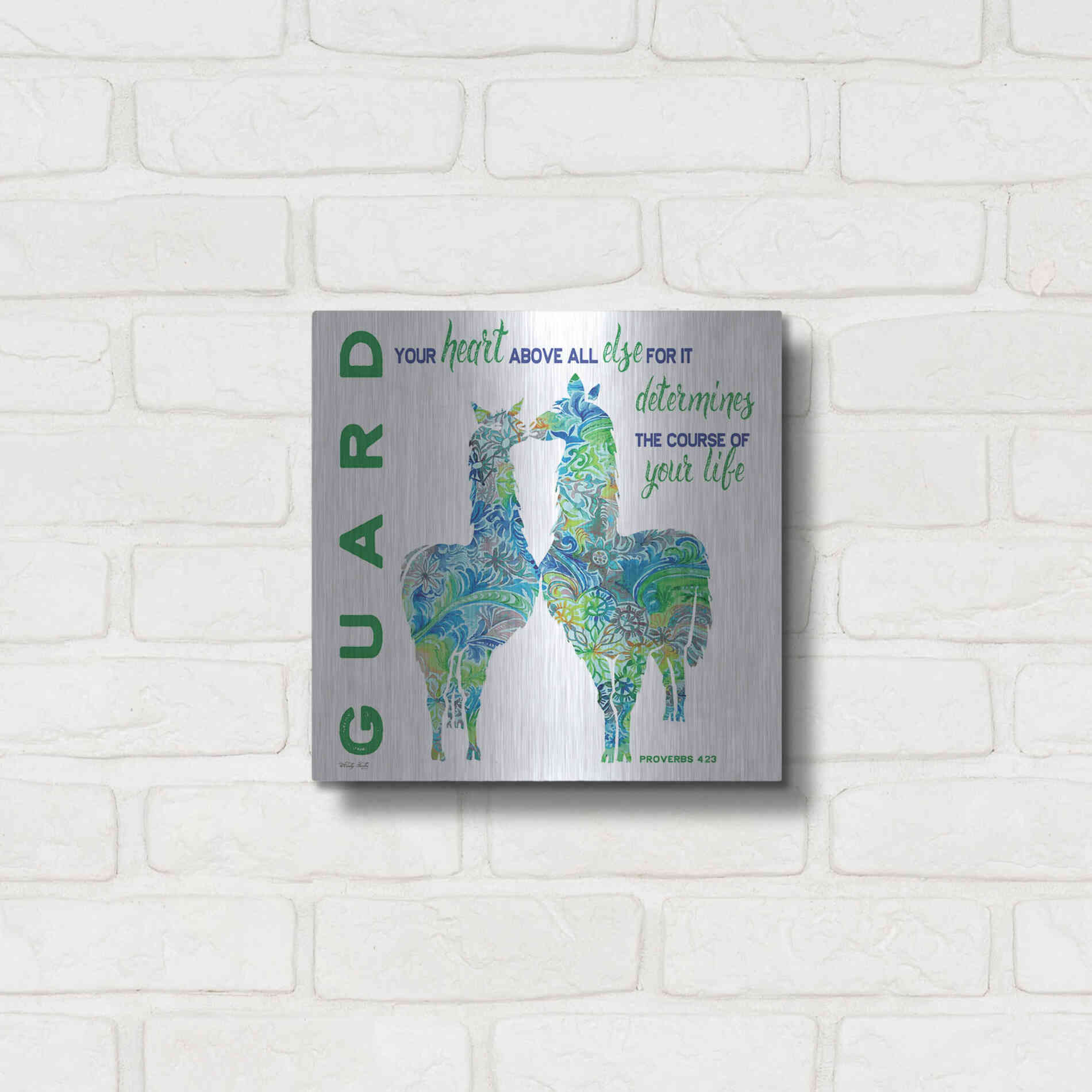 Luxe Metal Art 'Guard Your Heart Llamas' by Cindy Jacobs, Metal Wall Art,12x12