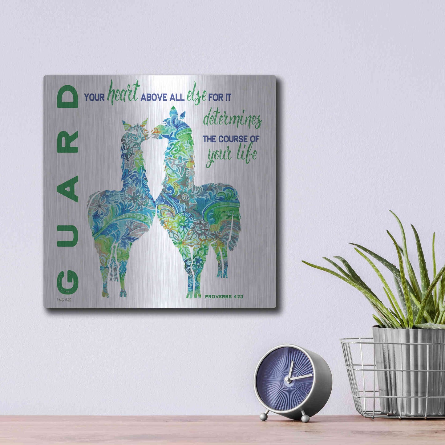 Luxe Metal Art 'Guard Your Heart Llamas' by Cindy Jacobs, Metal Wall Art,12x12