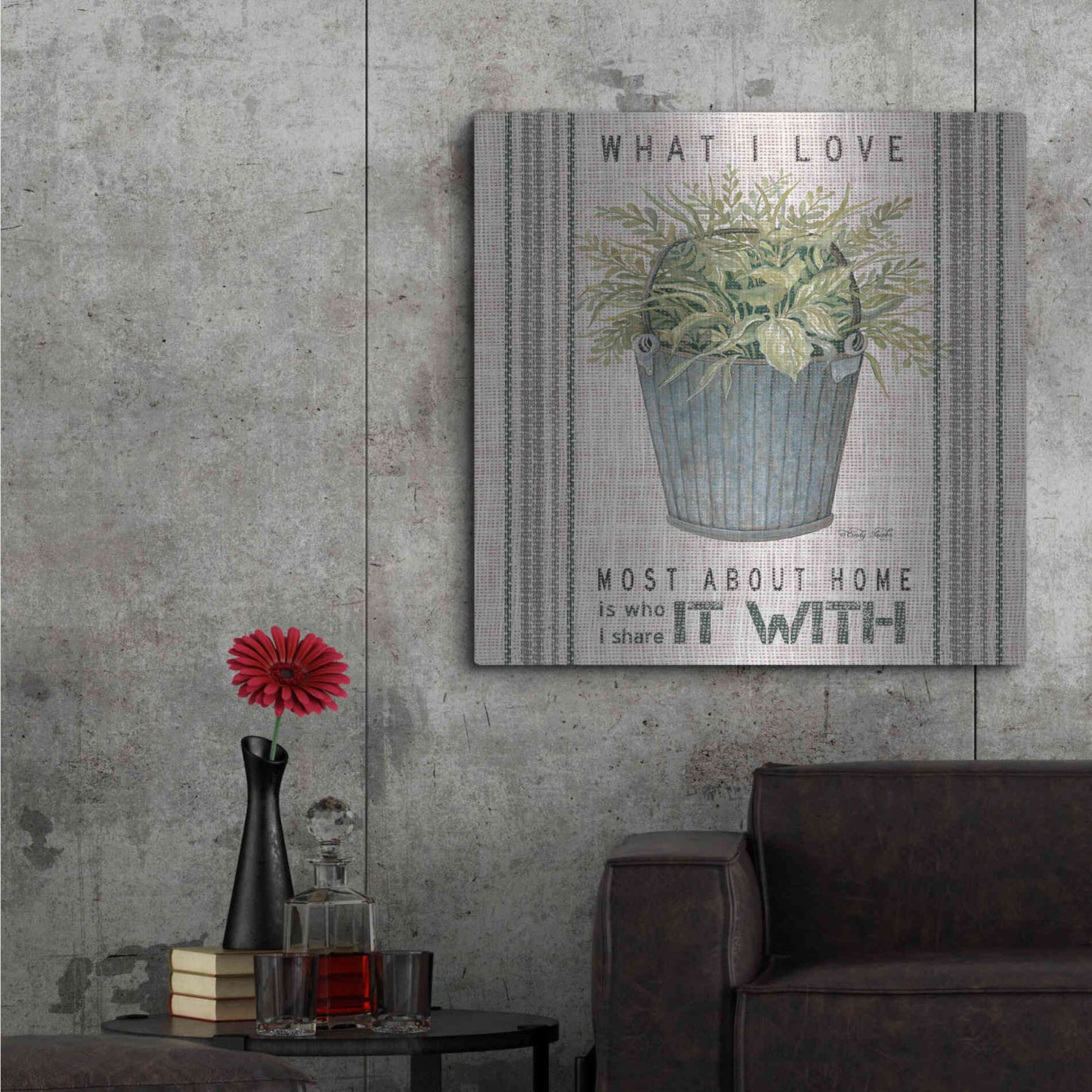 Luxe Metal Art 'Galvanized Bucket What I Love' by Cindy Jacobs, Metal Wall Art,36x36