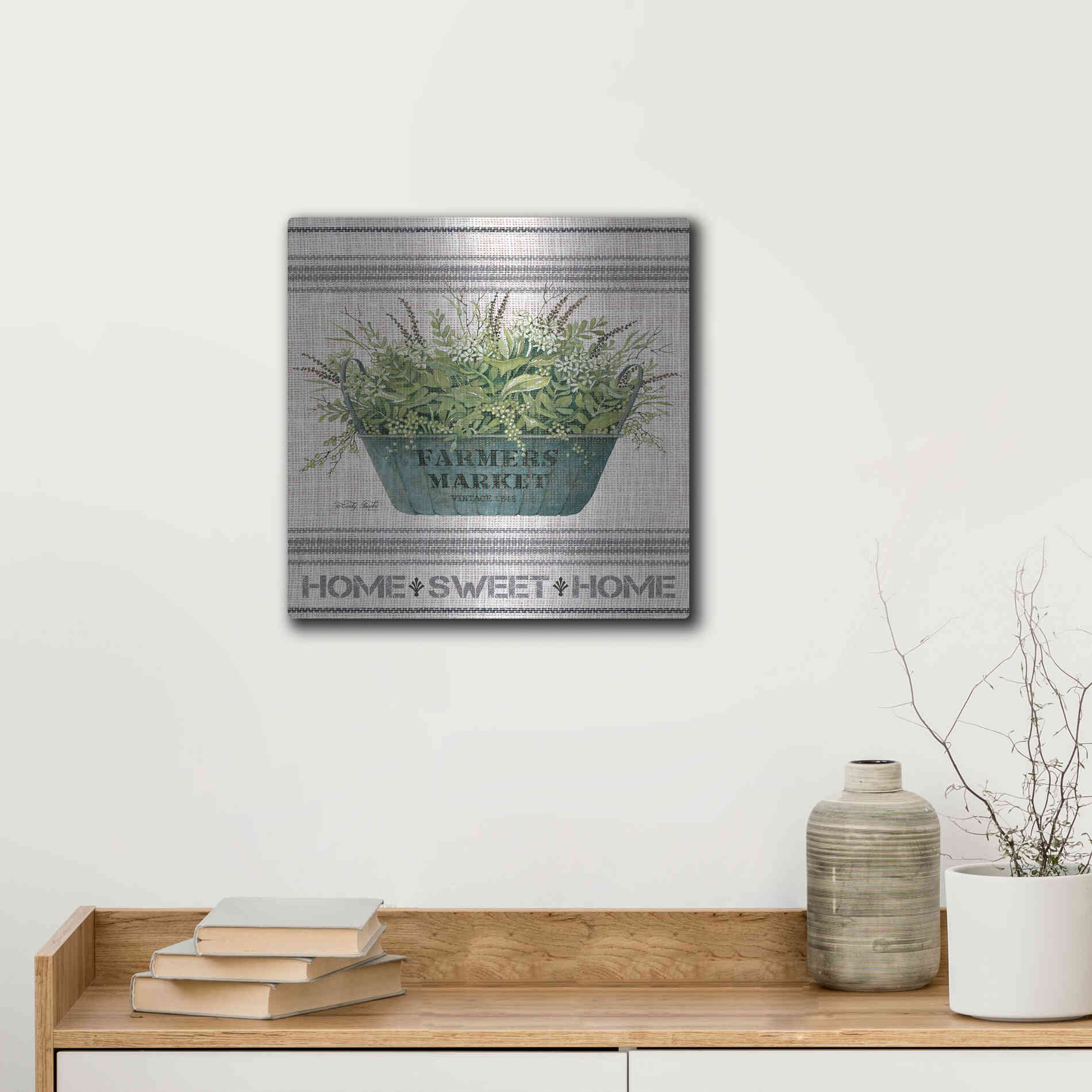 Luxe Metal Art 'Galvanized Farmer's Market Home Sweet Home' by Cindy Jacobs, Metal Wall Art,12x12