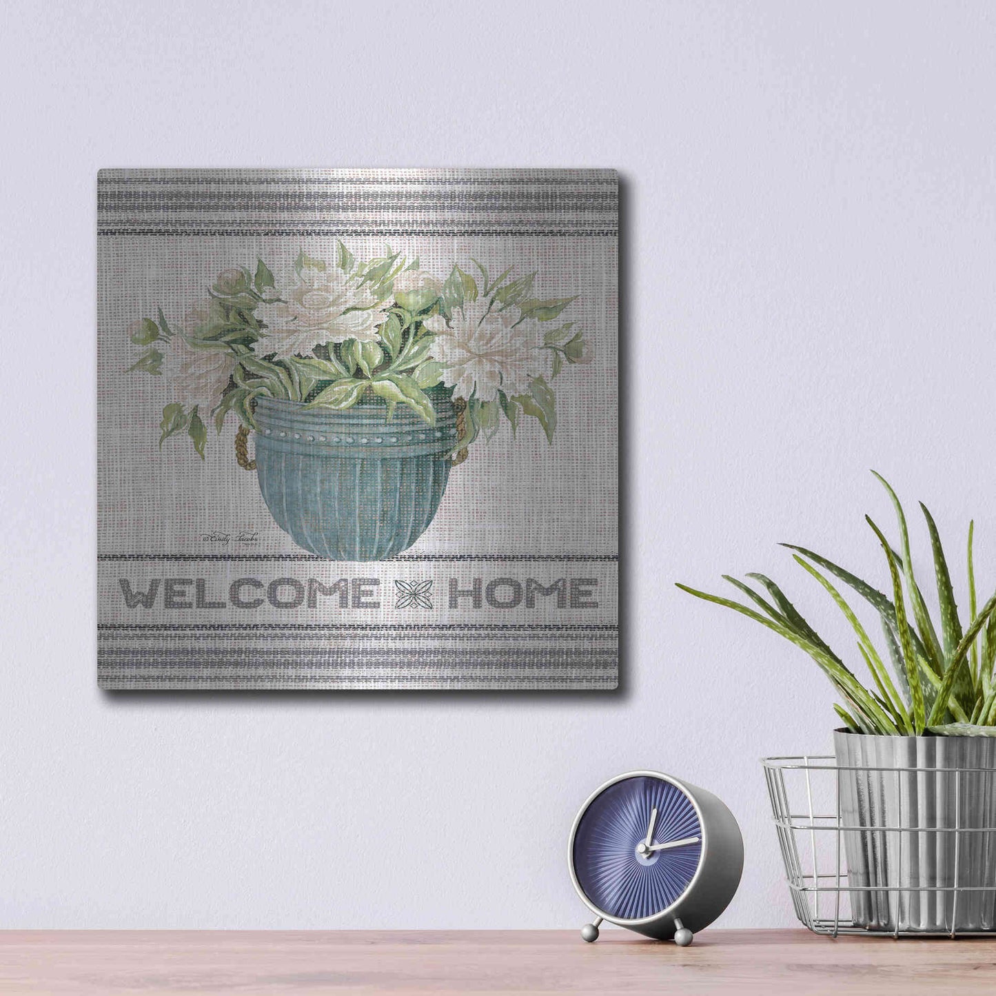 Luxe Metal Art 'Galvanized Peonies Welcome Home' by Cindy Jacobs, Metal Wall Art,12x12