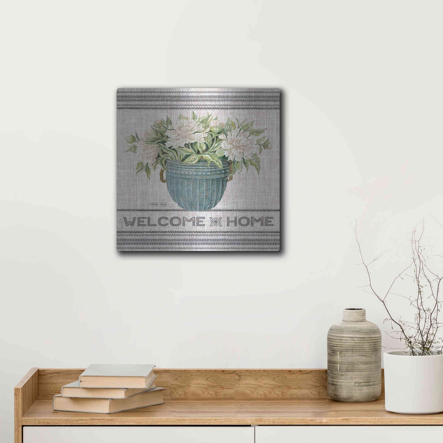 Luxe Metal Art 'Galvanized Peonies Welcome Home' by Cindy Jacobs, Metal Wall Art,12x12