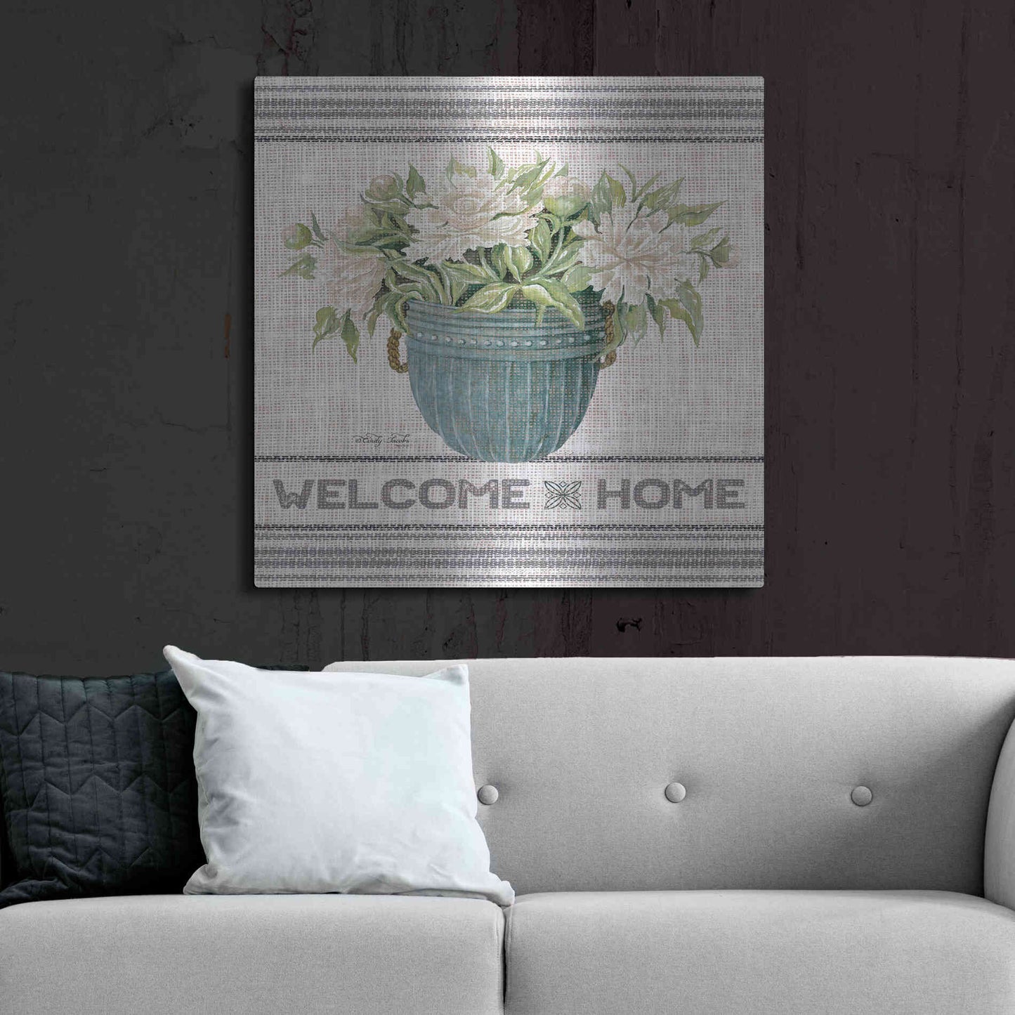 Luxe Metal Art 'Galvanized Peonies Welcome Home' by Cindy Jacobs, Metal Wall Art,36x36