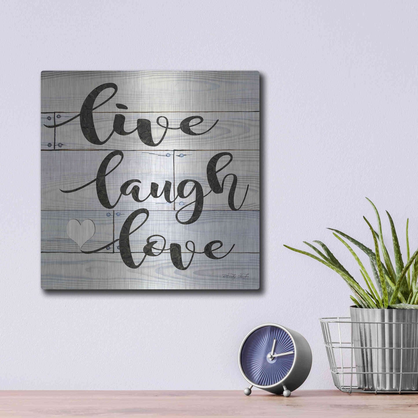 Luxe Metal Art 'Live, Laugh, Love' by Cindy Jacobs, Metal Wall Art,12x12