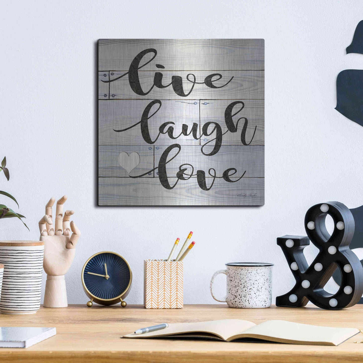 Luxe Metal Art 'Live, Laugh, Love' by Cindy Jacobs, Metal Wall Art,12x12