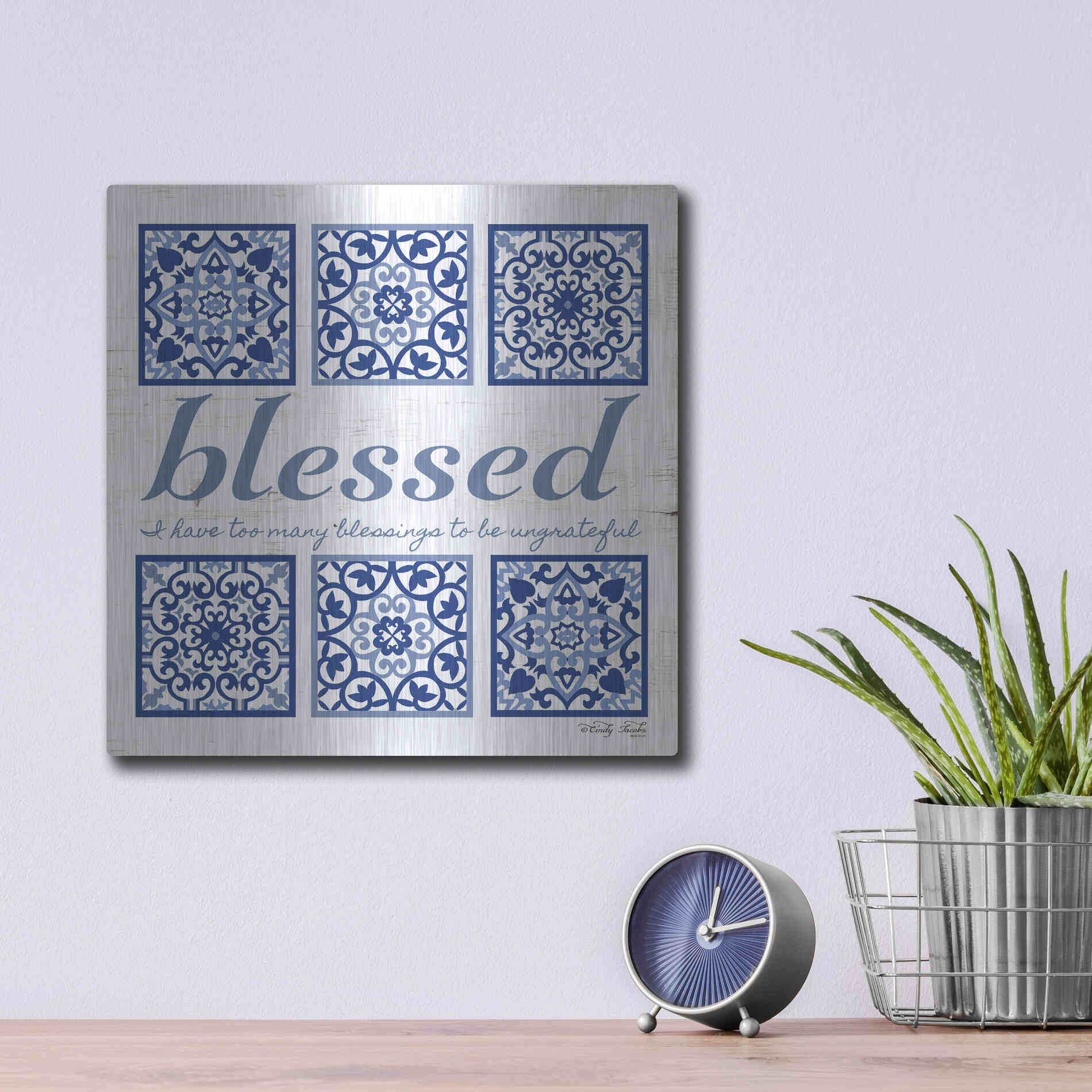 Luxe Metal Art 'Blessed Tile' by Cindy Jacobs, Metal Wall Art,12x12