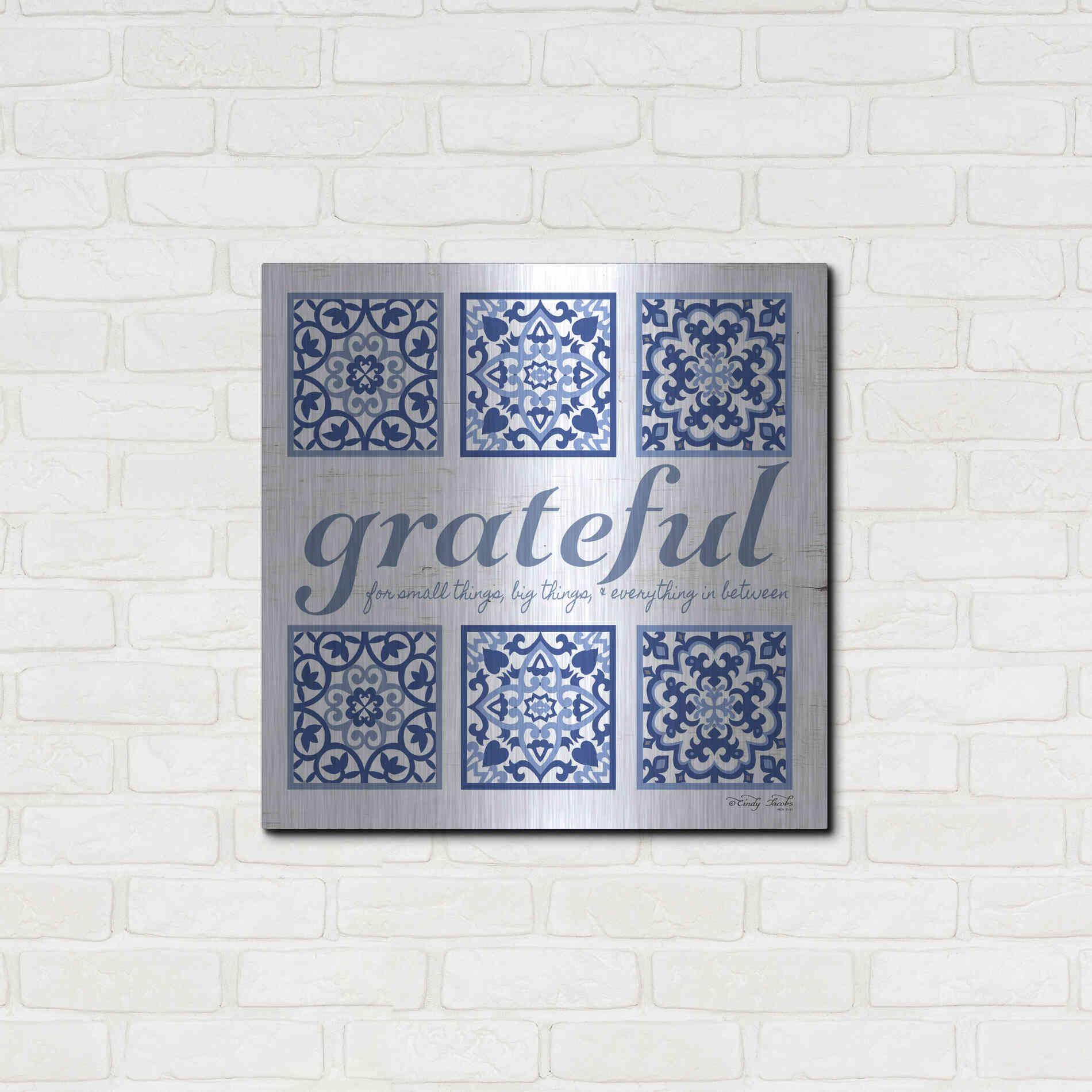 Luxe Metal Art 'Grateful Tile' by Cindy Jacobs, Metal Wall Art,24x24