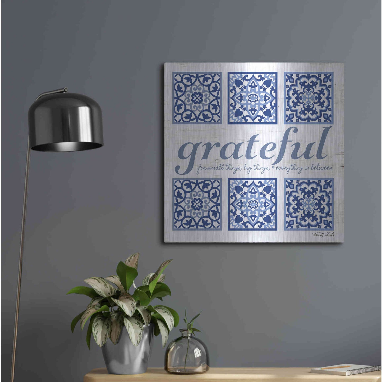 Luxe Metal Art 'Grateful Tile' by Cindy Jacobs, Metal Wall Art,24x24