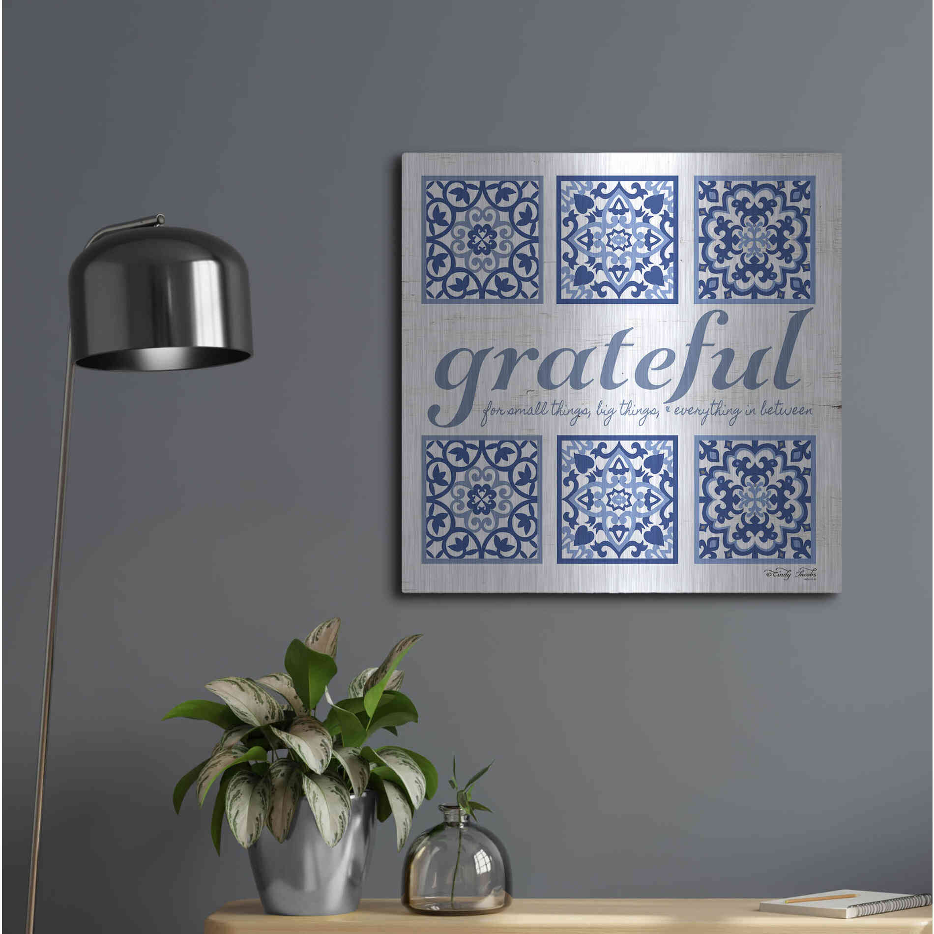Luxe Metal Art 'Grateful Tile' by Cindy Jacobs, Metal Wall Art,24x24