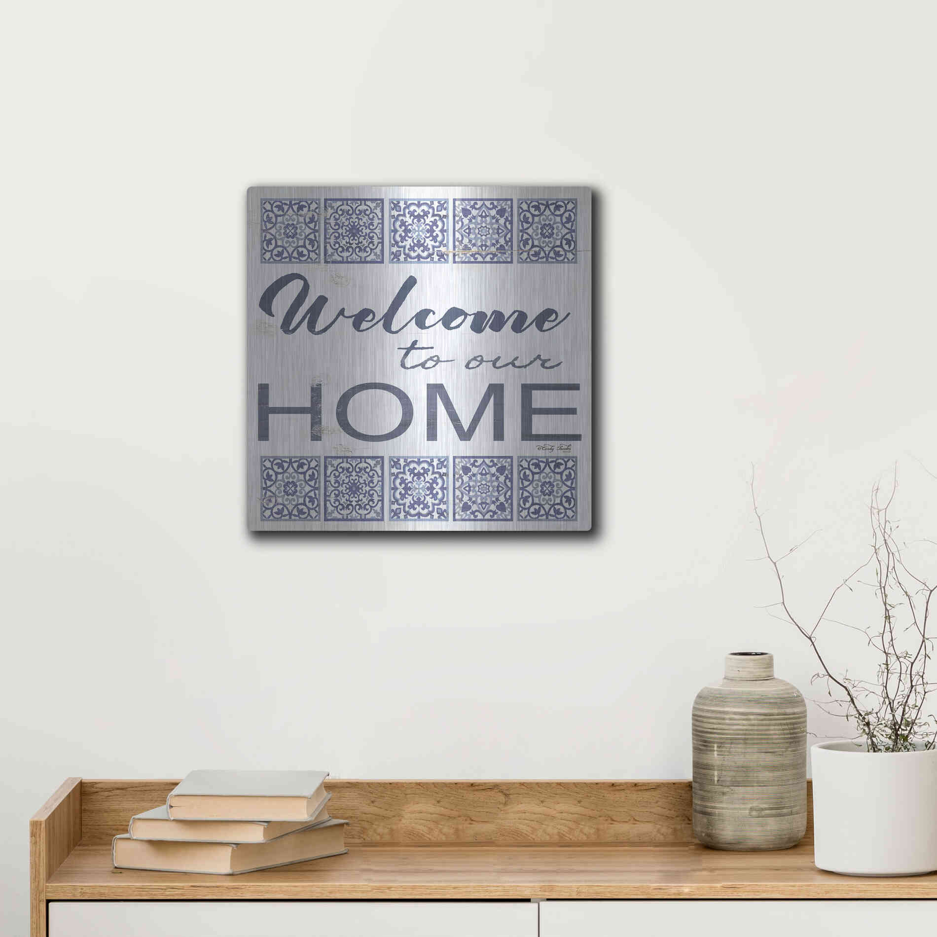 Luxe Metal Art 'Welcome to Our Home Tile' by Cindy Jacobs, Metal Wall Art,12x12