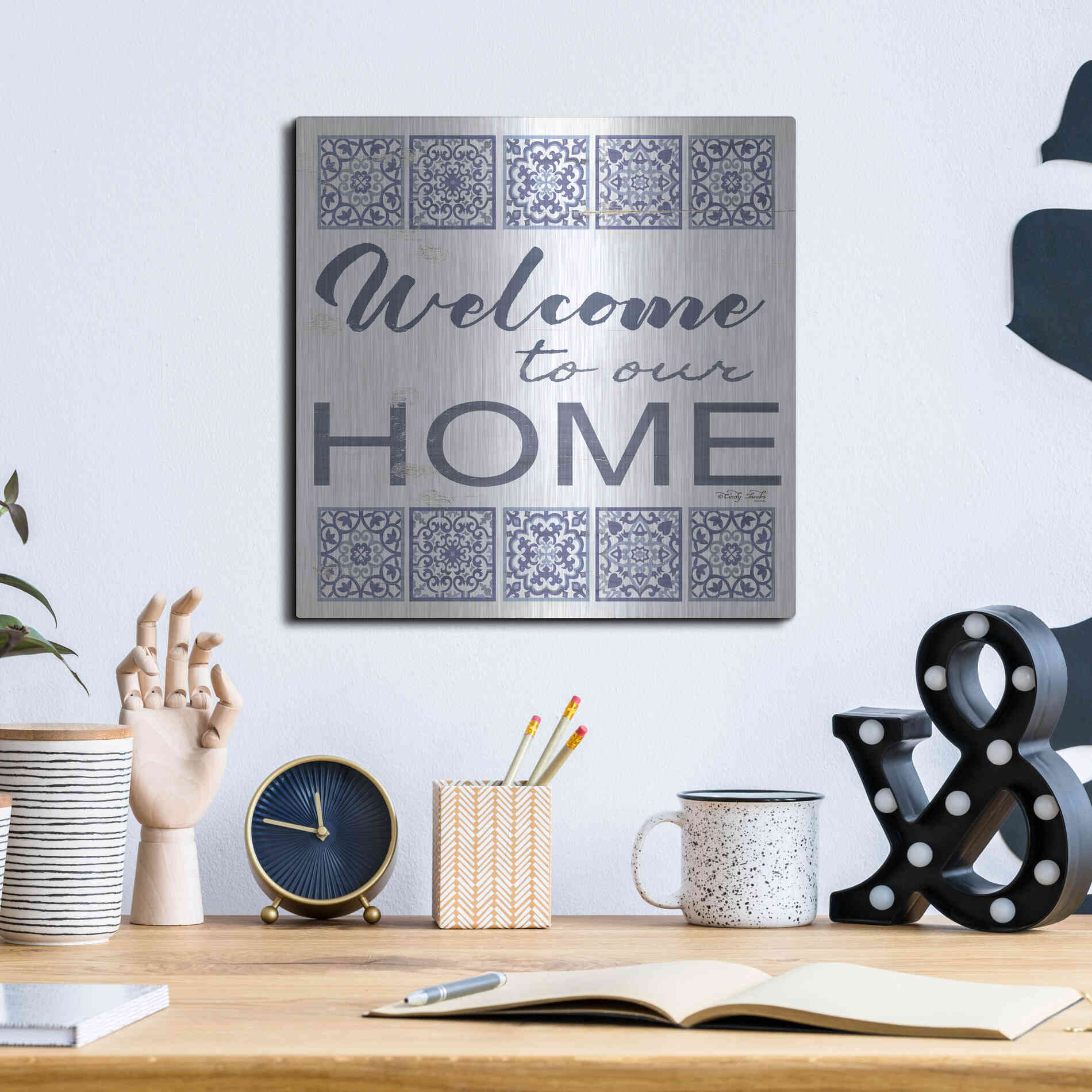 Luxe Metal Art 'Welcome to Our Home Tile' by Cindy Jacobs, Metal Wall Art,12x12