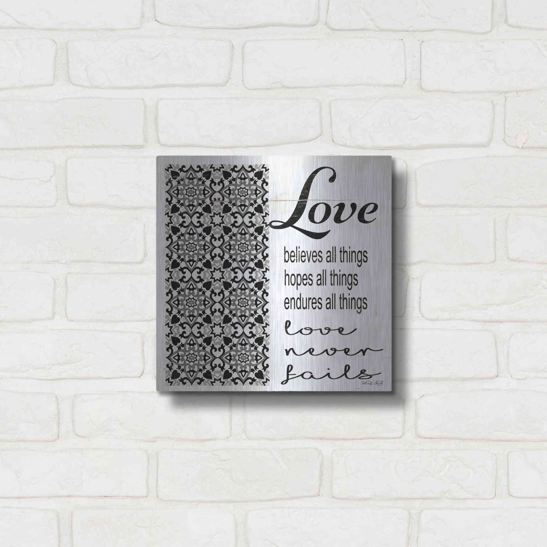 Luxe Metal Art 'Love Believes, Hopes, Endures' by Cindy Jacobs, Metal Wall Art,12x12
