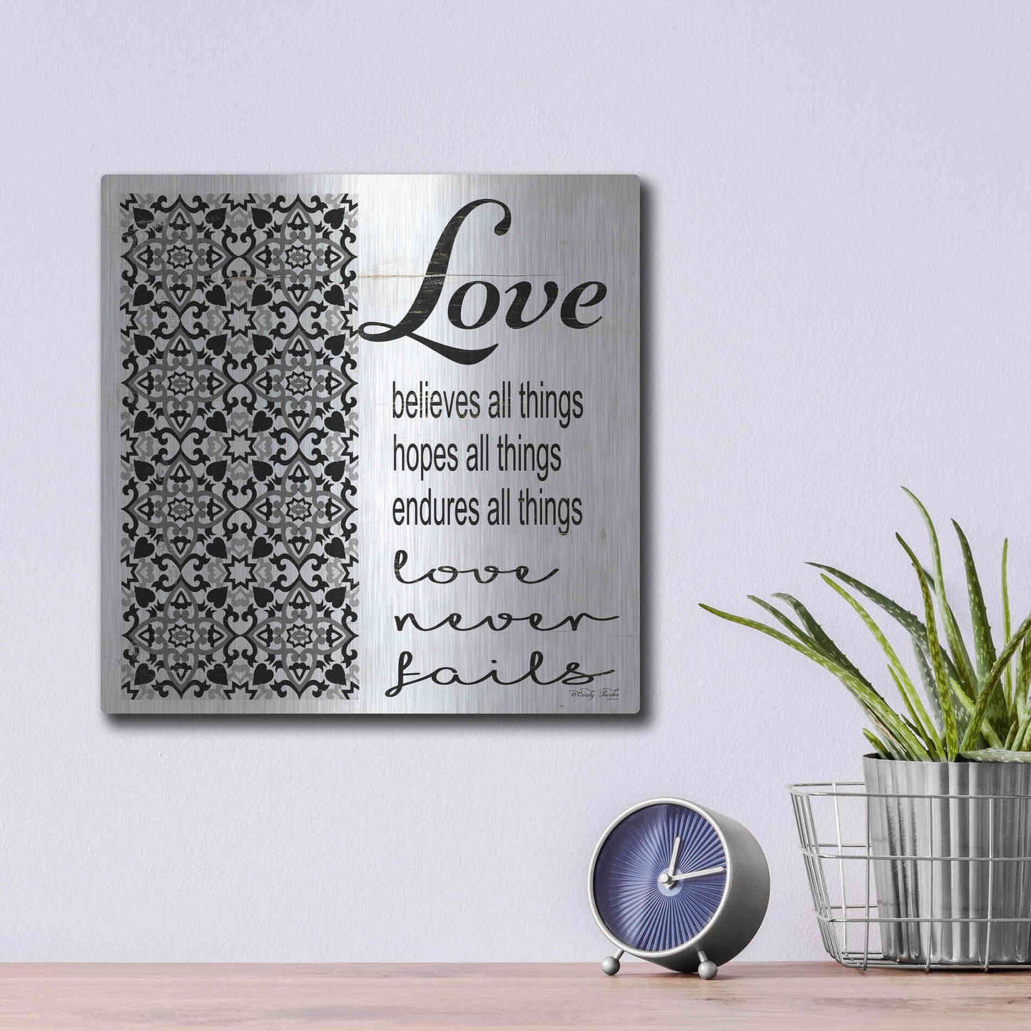 Luxe Metal Art 'Love Believes, Hopes, Endures' by Cindy Jacobs, Metal Wall Art,12x12