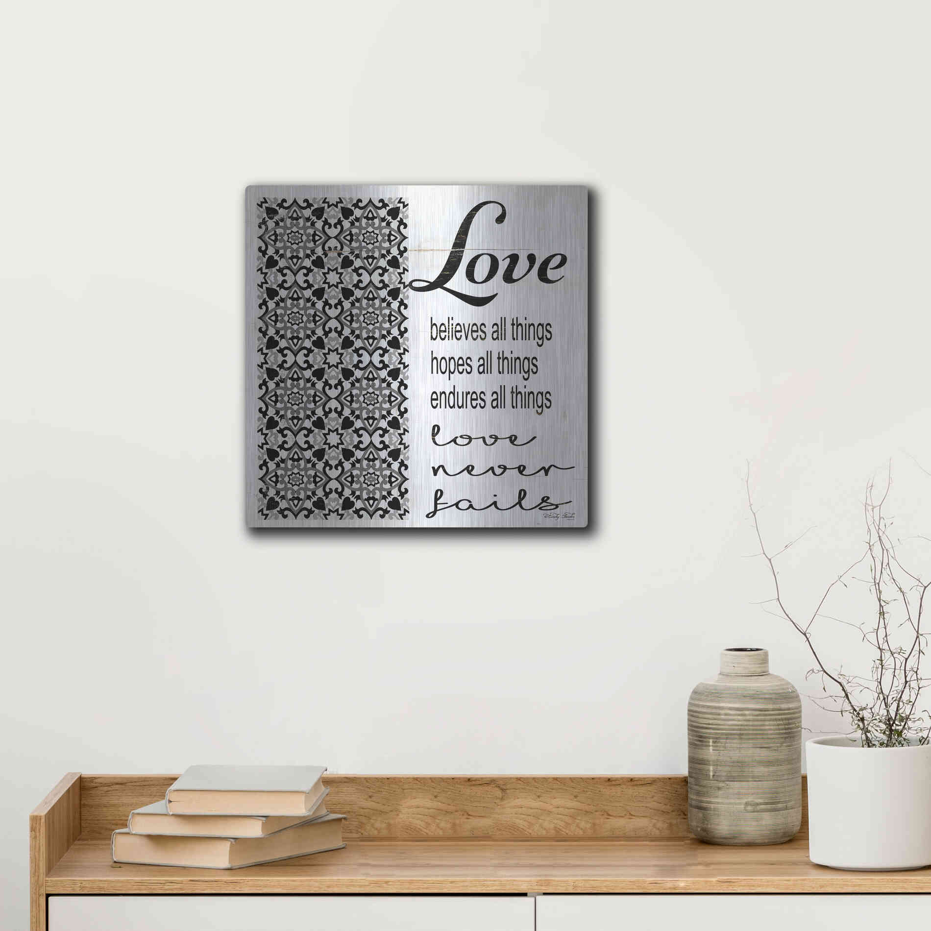 Luxe Metal Art 'Love Believes, Hopes, Endures' by Cindy Jacobs, Metal Wall Art,12x12