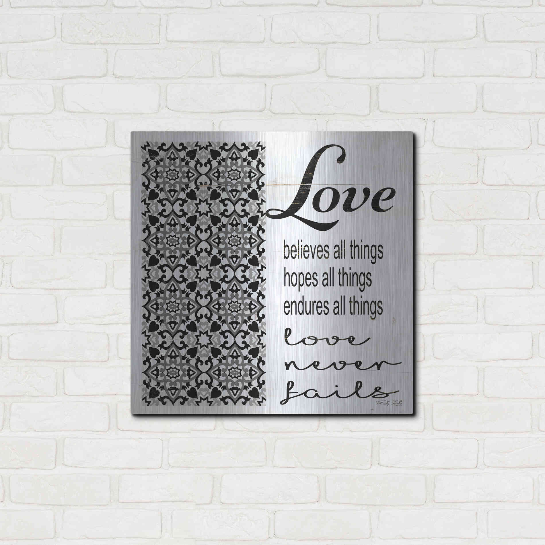 Luxe Metal Art 'Love Believes, Hopes, Endures' by Cindy Jacobs, Metal Wall Art,24x24