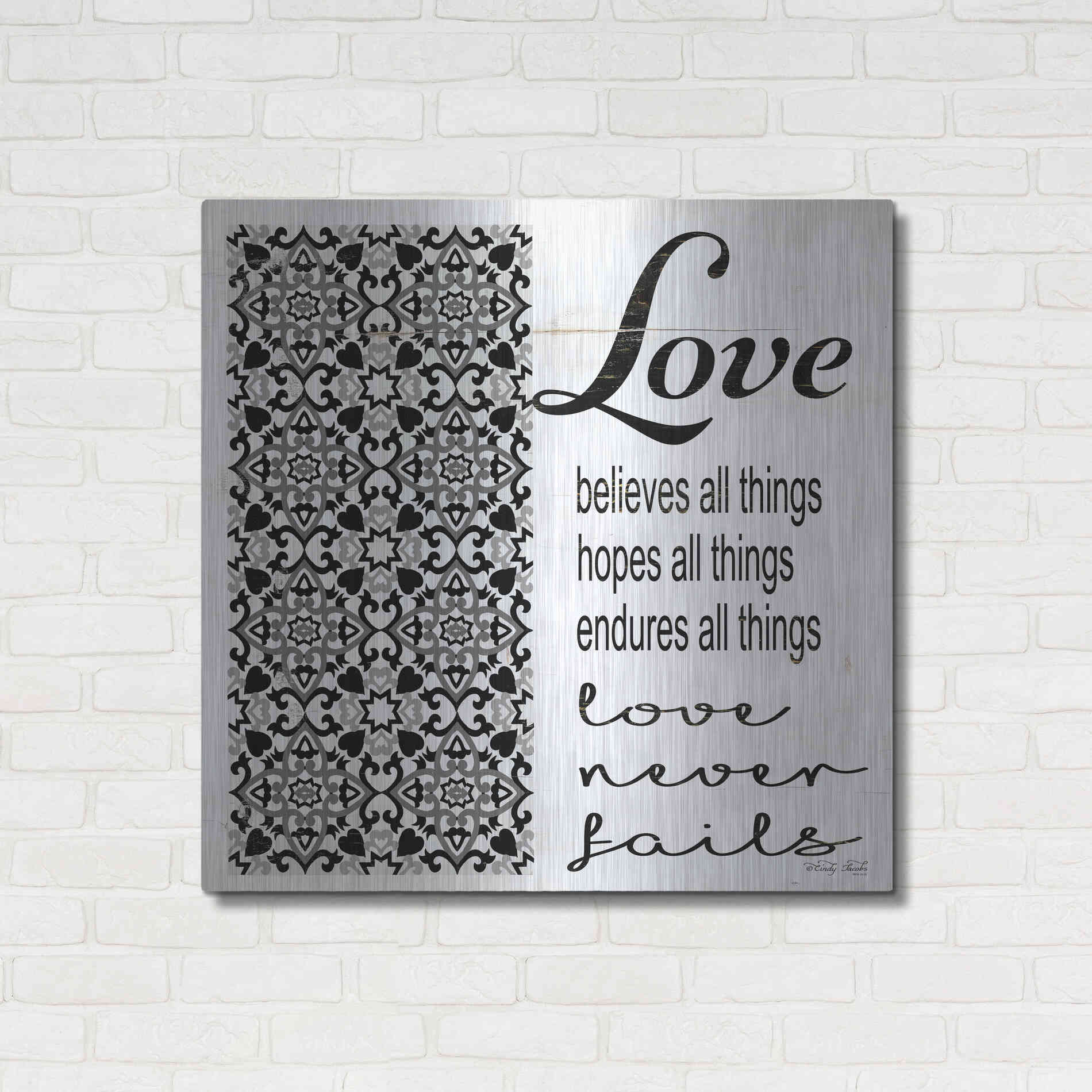 Luxe Metal Art 'Love Believes, Hopes, Endures' by Cindy Jacobs, Metal Wall Art,36x36