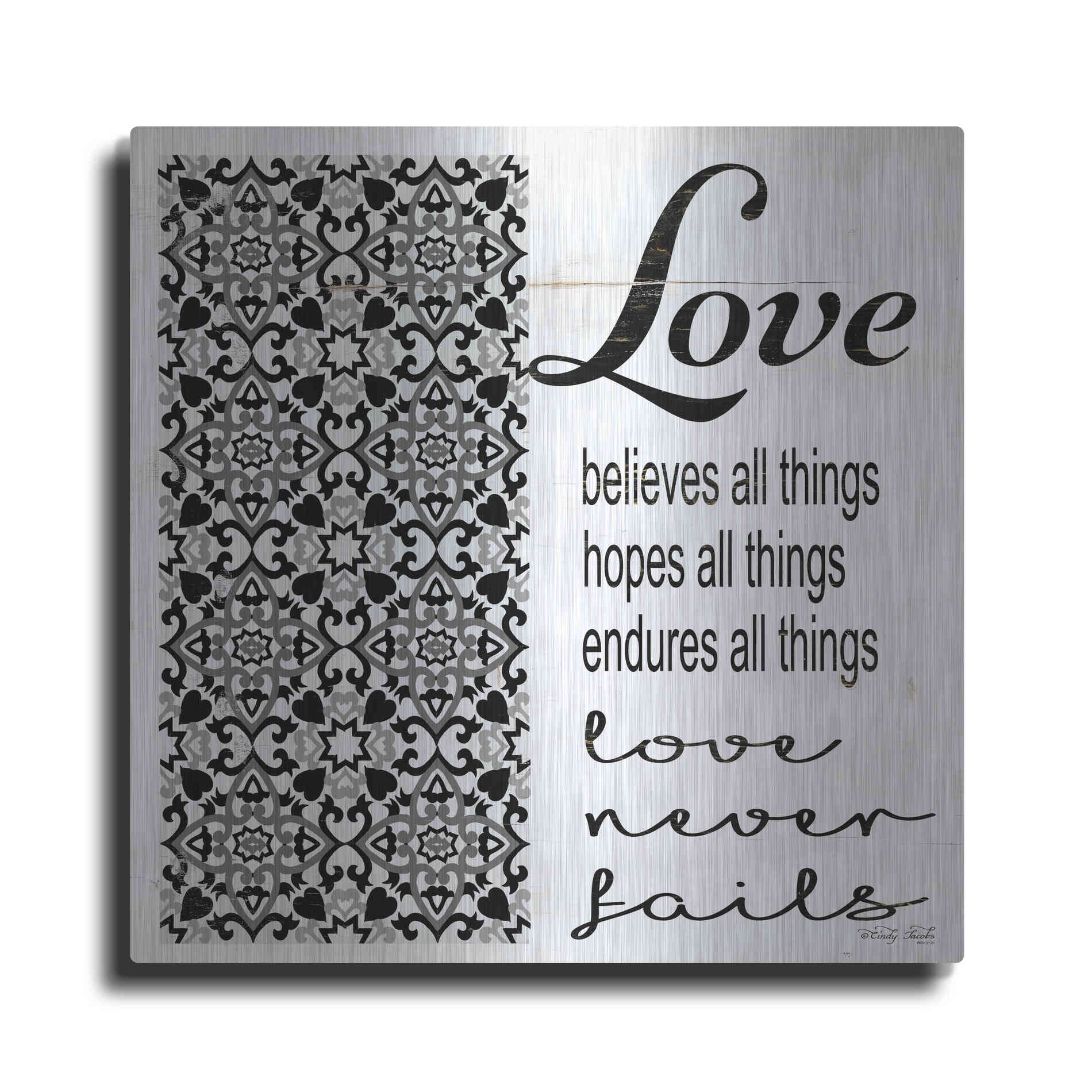 Luxe Metal Art 'Love Believes, Hopes, Endures' by Cindy Jacobs, Metal Wall Art