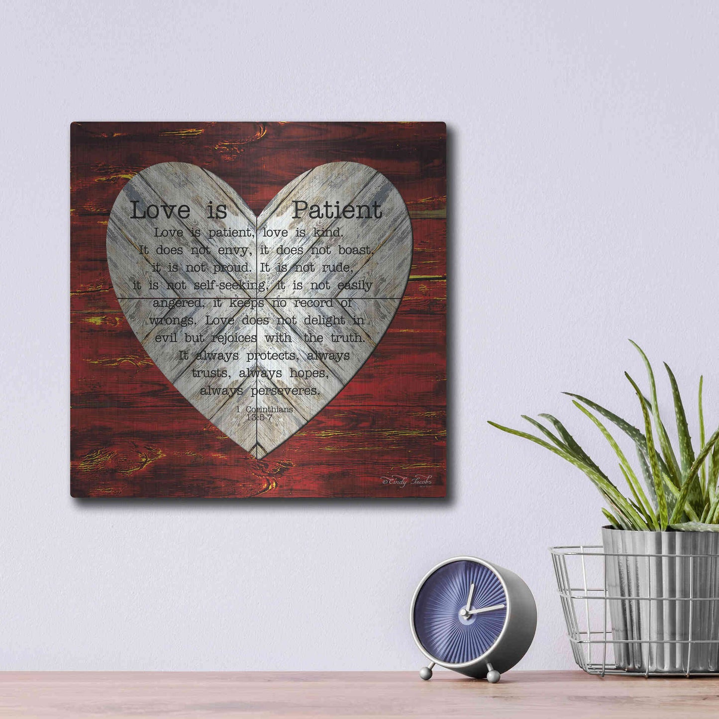 Luxe Metal Art 'Love is Patient' by Cindy Jacobs, Metal Wall Art,12x12