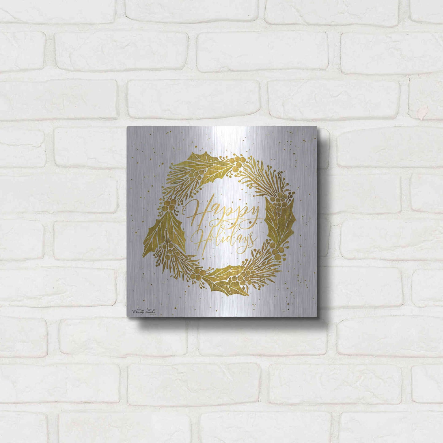 Luxe Metal Art 'Happy Holidays Golden Wreath' by Cindy Jacobs, Metal Wall Art,12x12