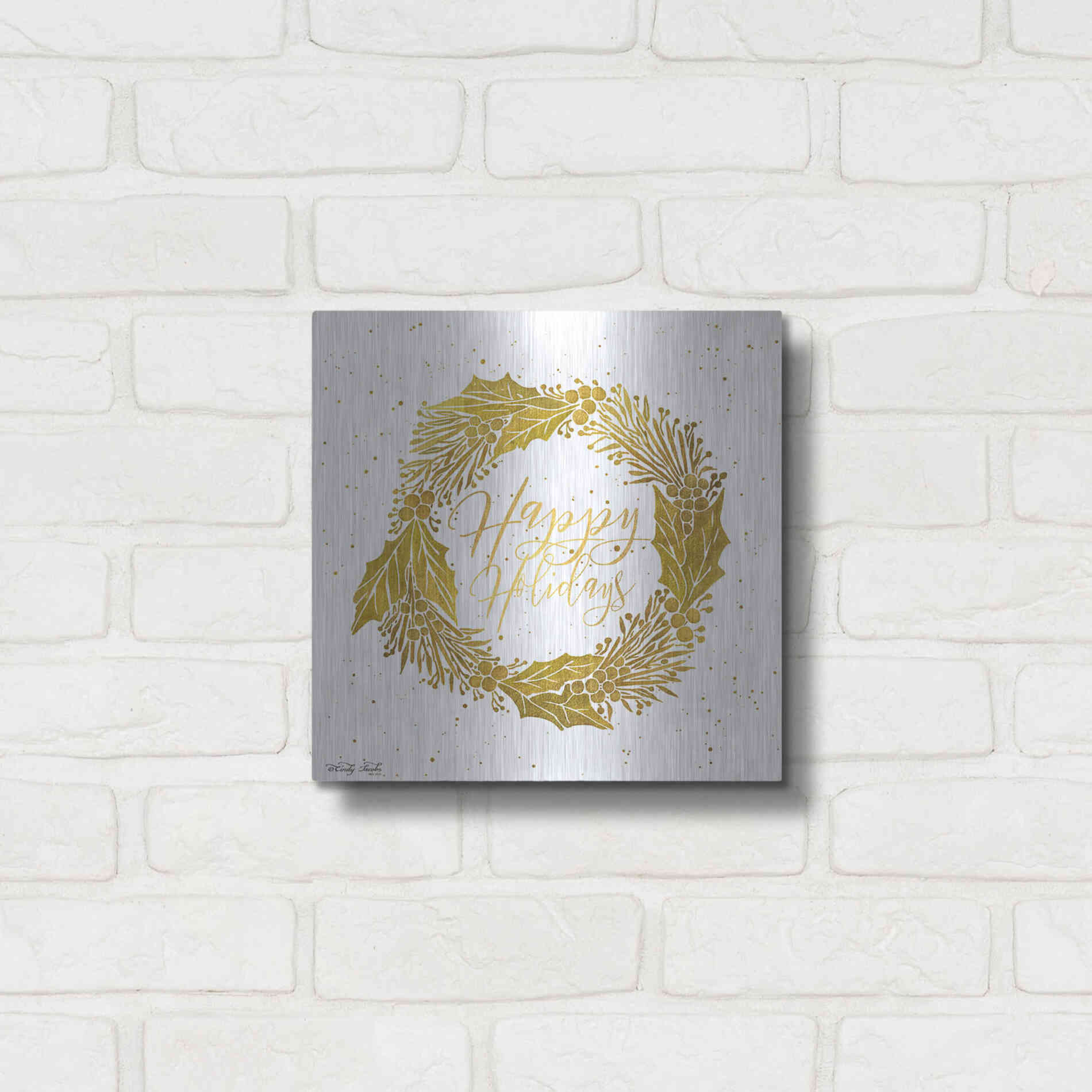 Luxe Metal Art 'Happy Holidays Golden Wreath' by Cindy Jacobs, Metal Wall Art,12x12