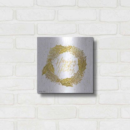Luxe Metal Art 'Happy Holidays Golden Wreath' by Cindy Jacobs, Metal Wall Art,12x12
