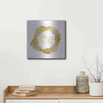 Luxe Metal Art 'Happy Holidays Golden Wreath' by Cindy Jacobs, Metal Wall Art,12x12