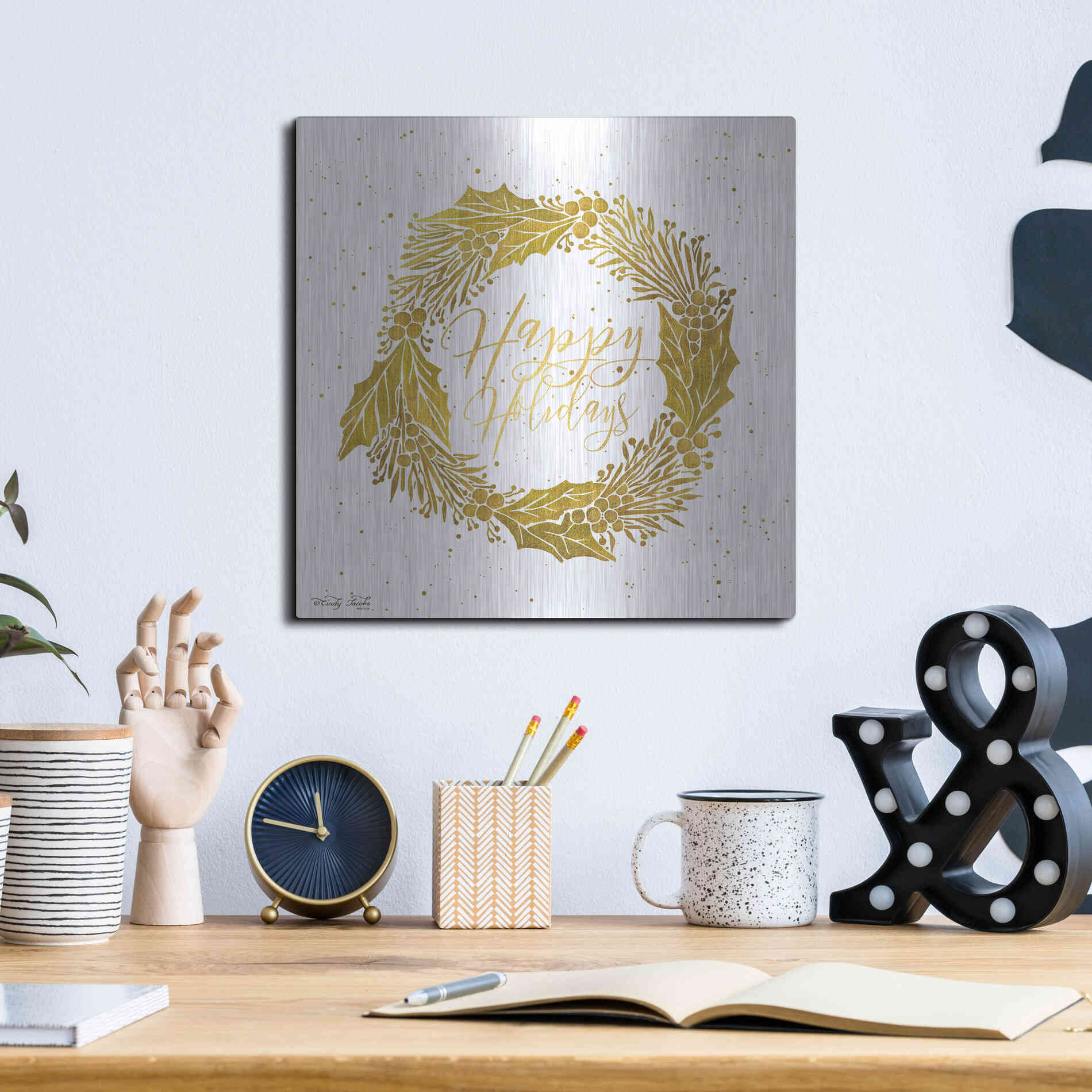 Luxe Metal Art 'Happy Holidays Golden Wreath' by Cindy Jacobs, Metal Wall Art,12x12