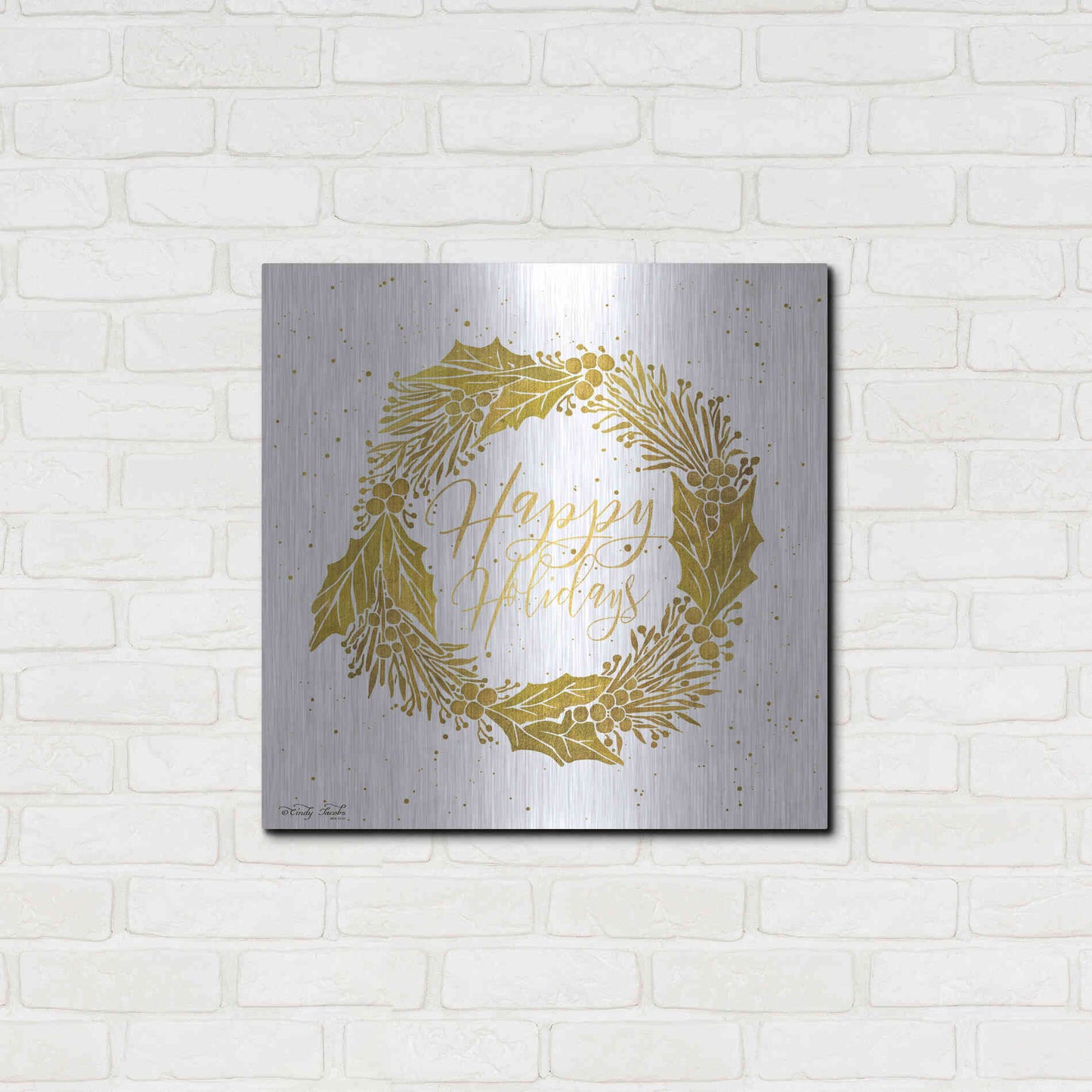 Luxe Metal Art 'Happy Holidays Golden Wreath' by Cindy Jacobs, Metal Wall Art,24x24