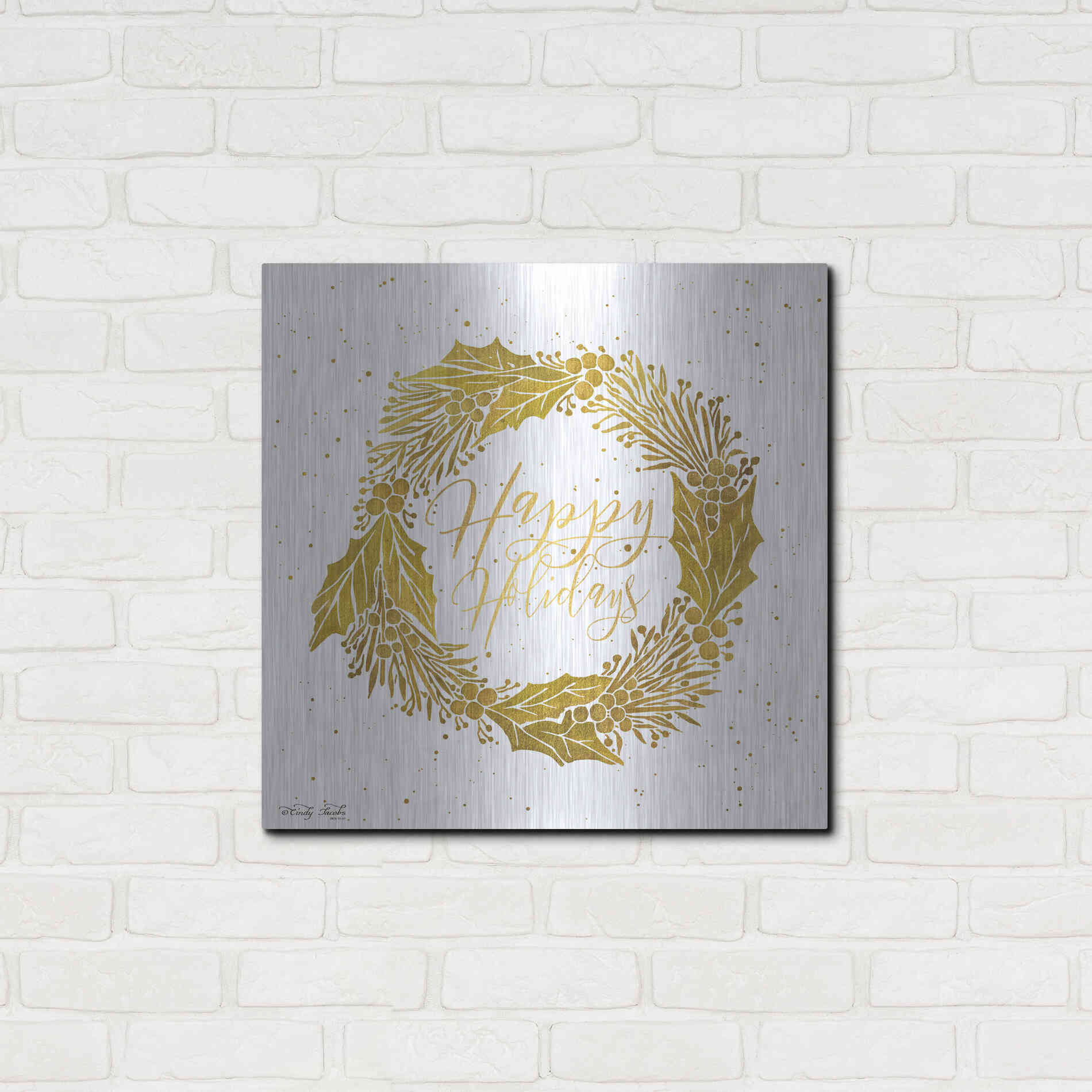 Luxe Metal Art 'Happy Holidays Golden Wreath' by Cindy Jacobs, Metal Wall Art,24x24