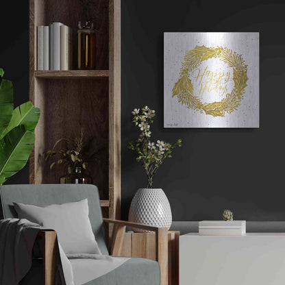 Luxe Metal Art 'Happy Holidays Golden Wreath' by Cindy Jacobs, Metal Wall Art,24x24