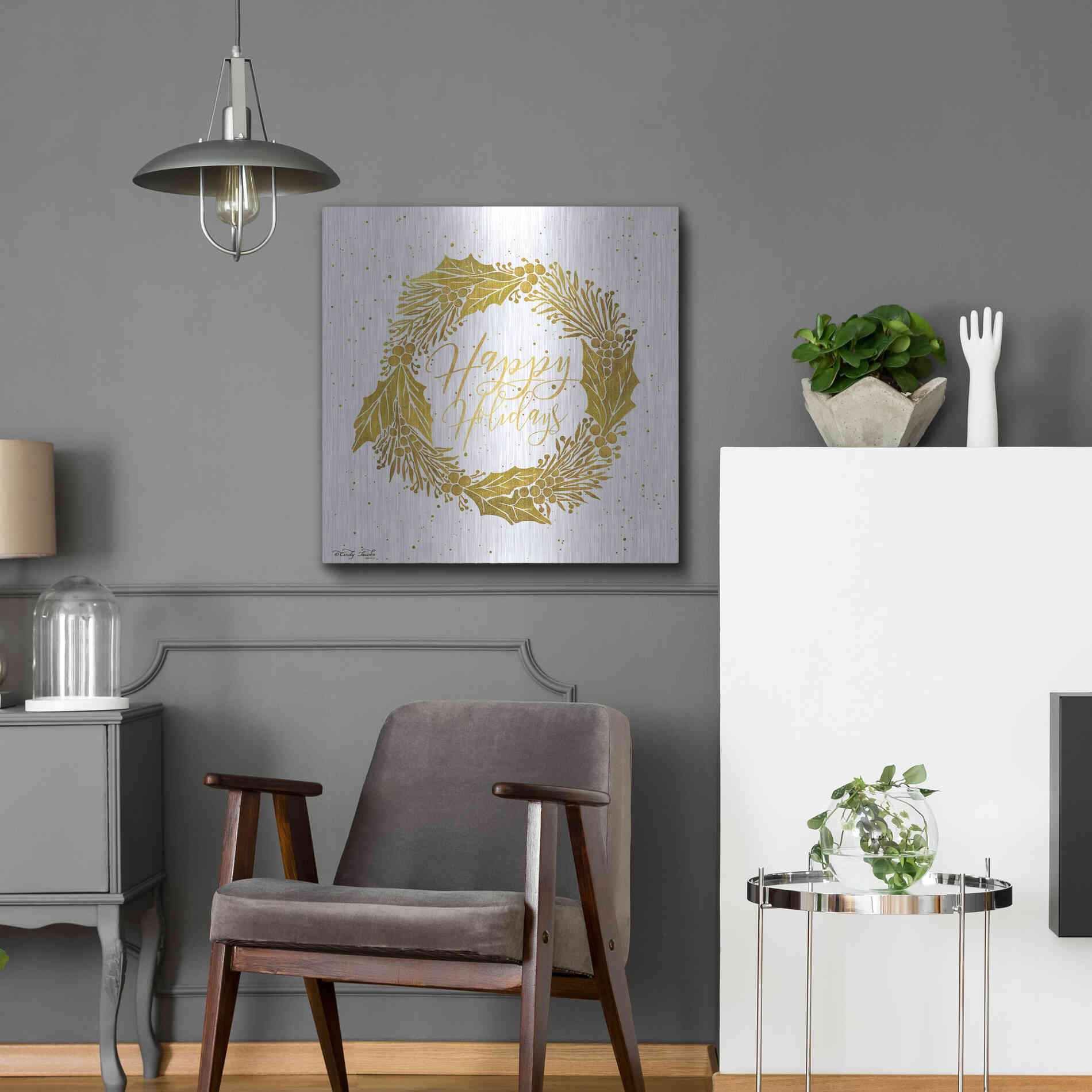 Luxe Metal Art 'Happy Holidays Golden Wreath' by Cindy Jacobs, Metal Wall Art,24x24