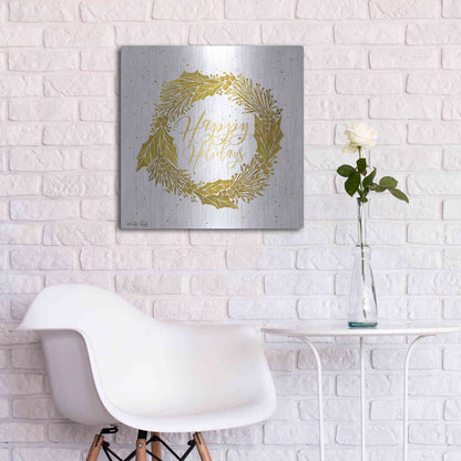 Luxe Metal Art 'Happy Holidays Golden Wreath' by Cindy Jacobs, Metal Wall Art,24x24
