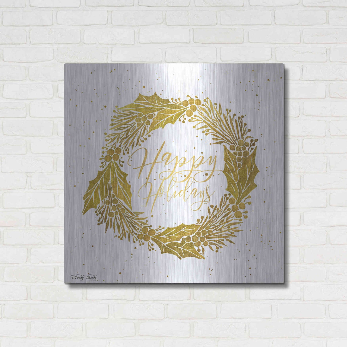 Luxe Metal Art 'Happy Holidays Golden Wreath' by Cindy Jacobs, Metal Wall Art,36x36