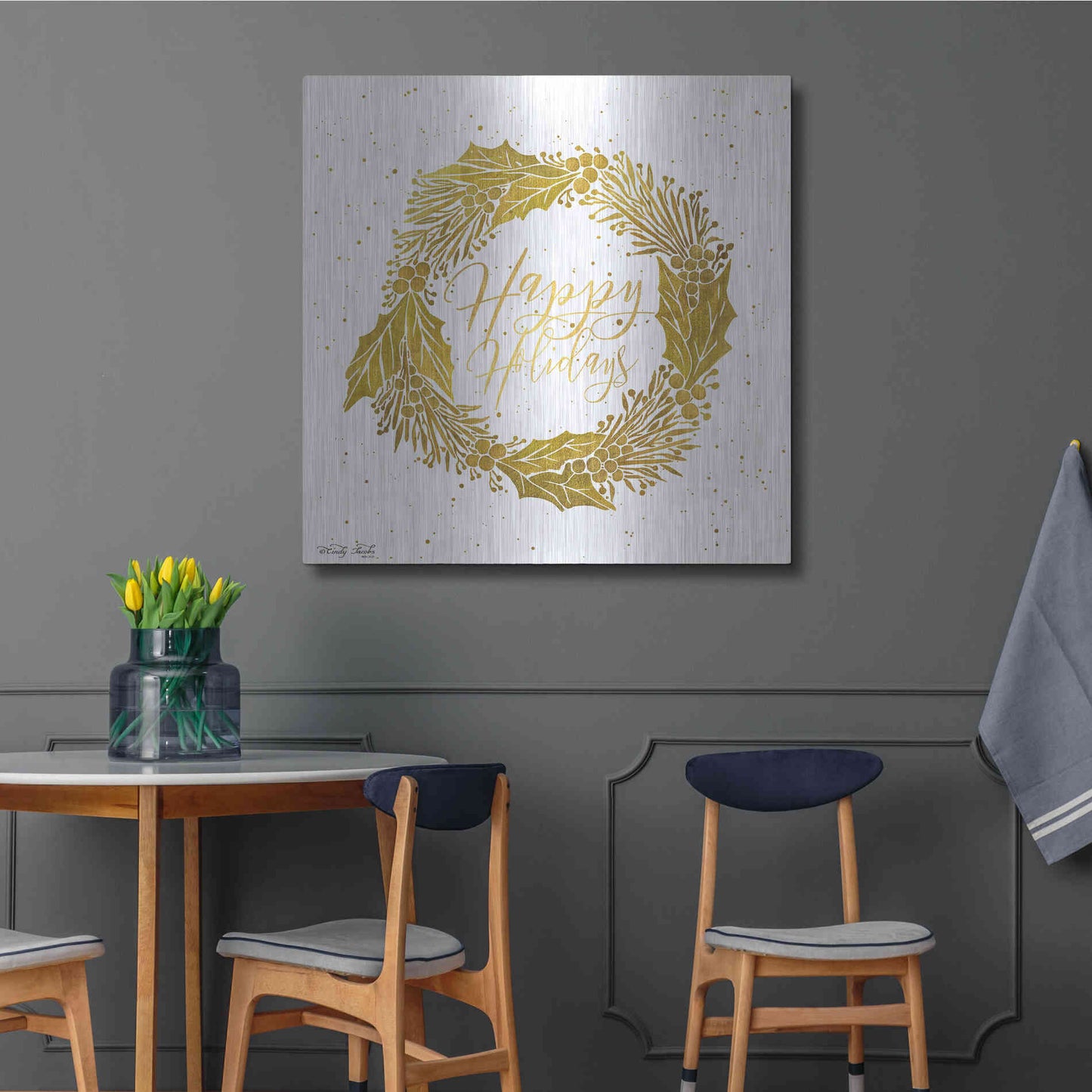 Luxe Metal Art 'Happy Holidays Golden Wreath' by Cindy Jacobs, Metal Wall Art,36x36