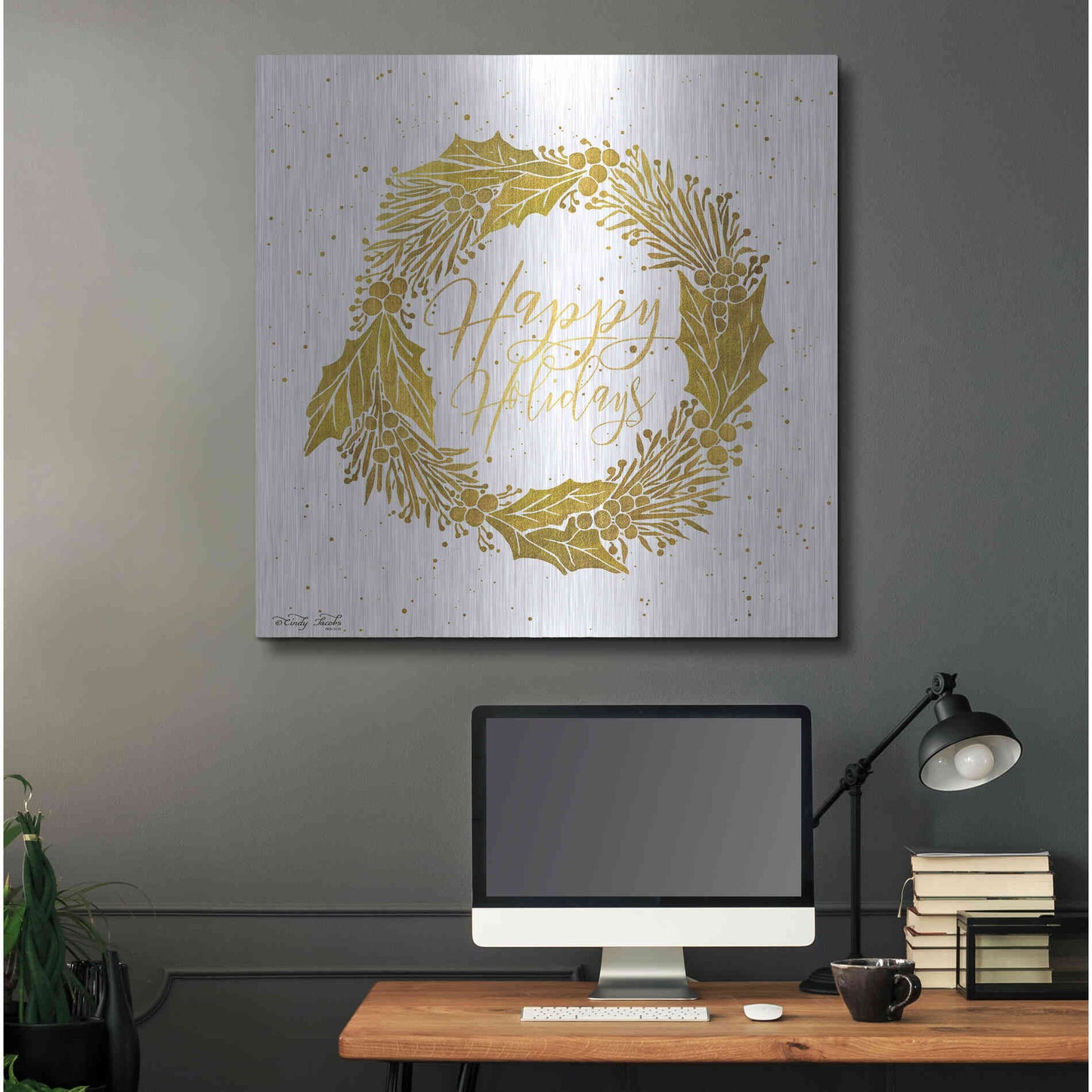Luxe Metal Art 'Happy Holidays Golden Wreath' by Cindy Jacobs, Metal Wall Art,36x36